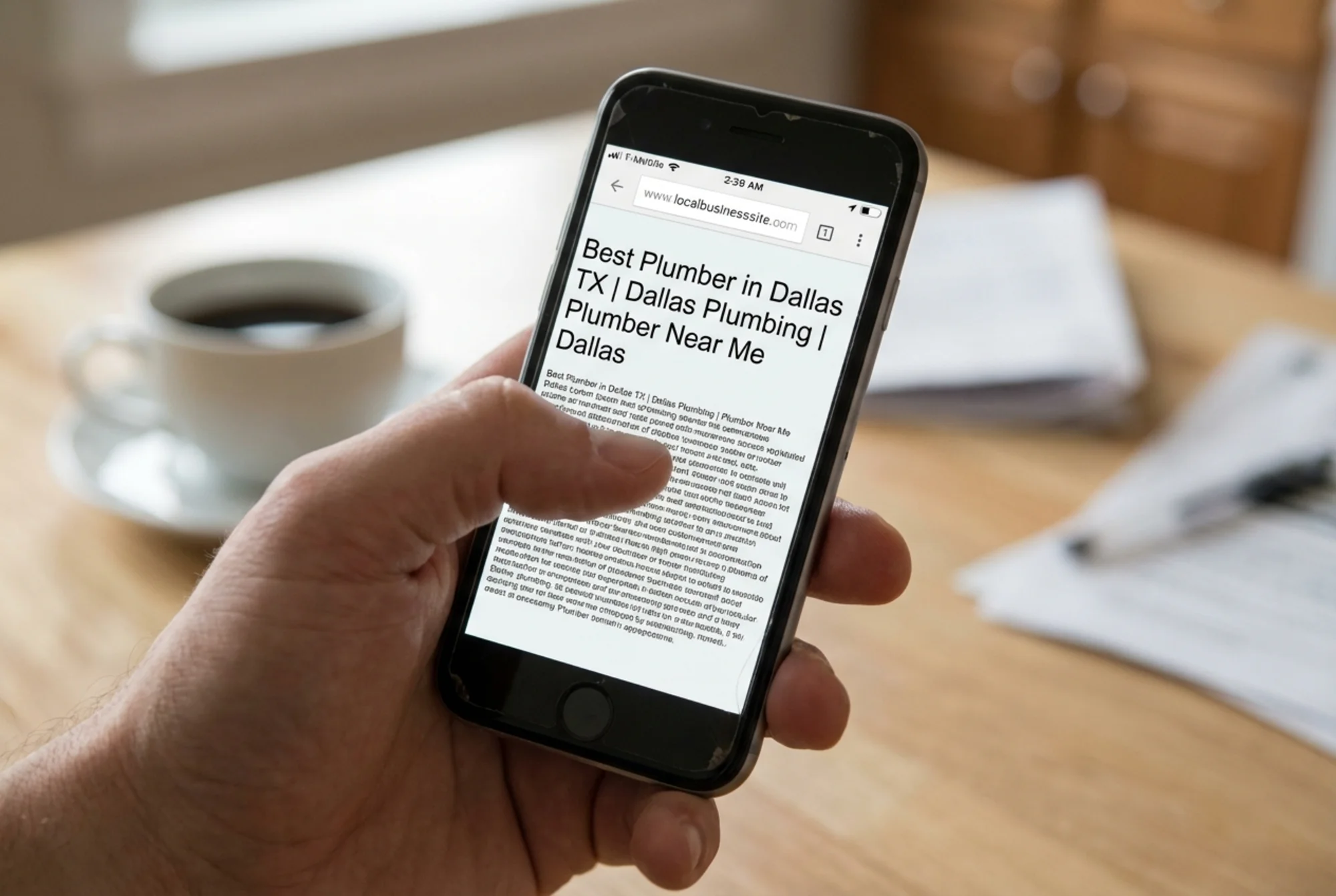 A cluttered local business landing page stuffed with keyword-heavy headings like "Best Plumber in Dallas TX | Dallas Plumbing | Plumber Near Me Dallas" with tiny unreadable text and no clear call to action, viewed on a phone screen with a frustrated user's thumb hovering