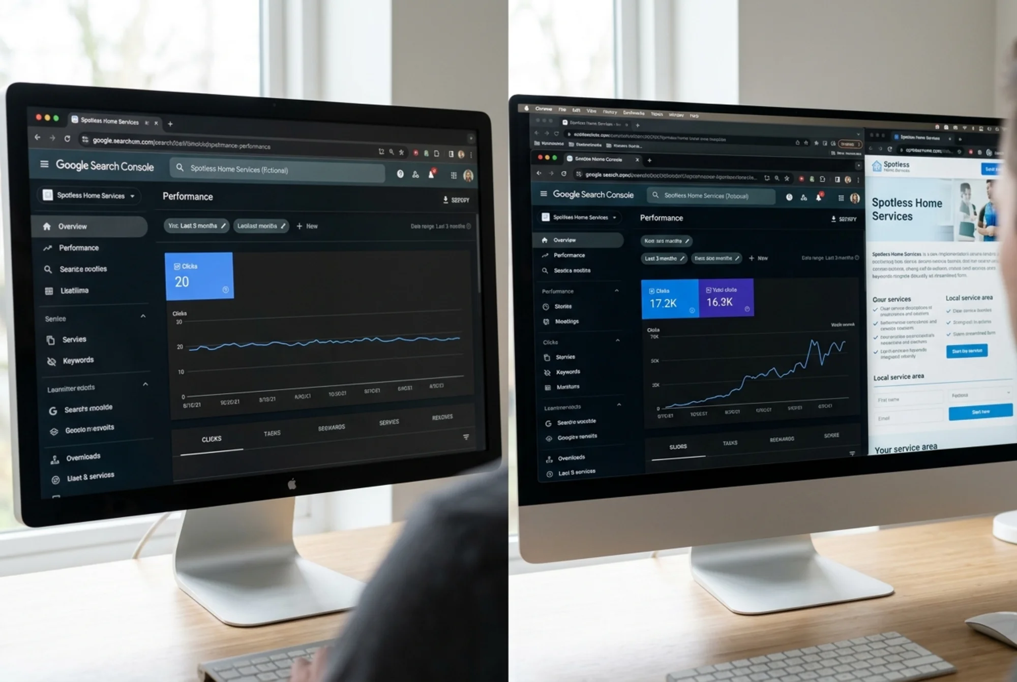 A before-and-after comparison: left side shows a local cleaning company's Google Search Console dashboard with low clicks, right side shows the same dashboard three months later with a clear upward trend, with the improved landing page visible in a browser tab behind it