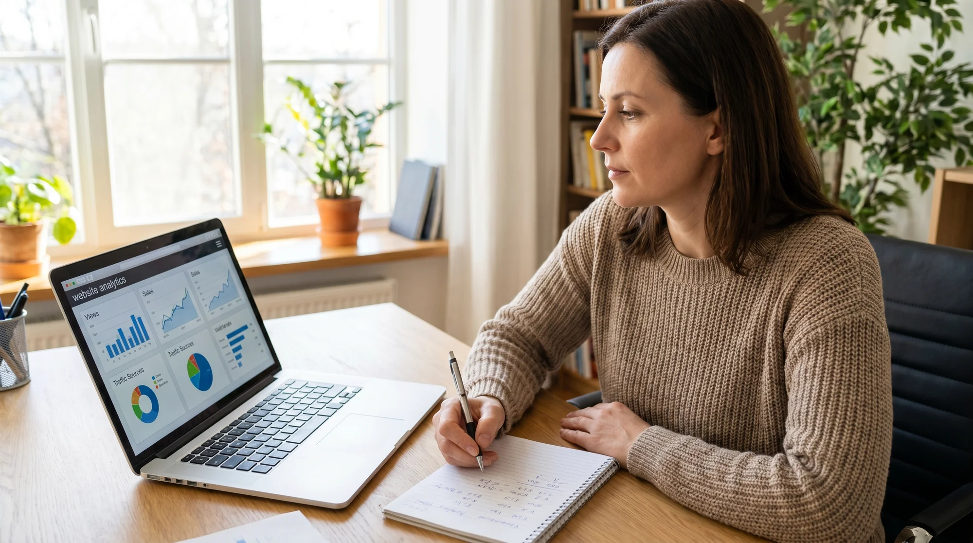 Small business owner reviewing monthly website traffic and analytics on a laptop
