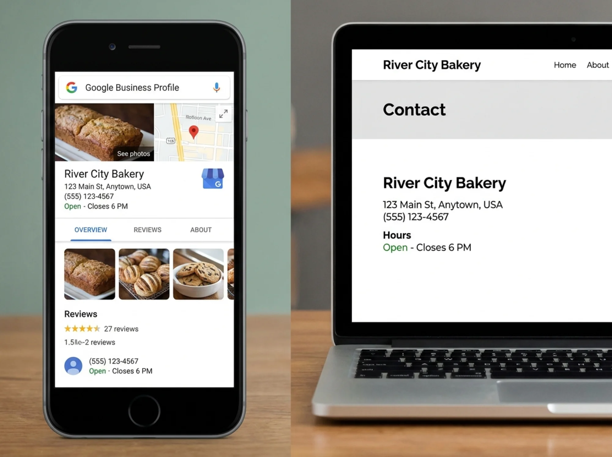 Google Business Profile and website contact page showing matching business details