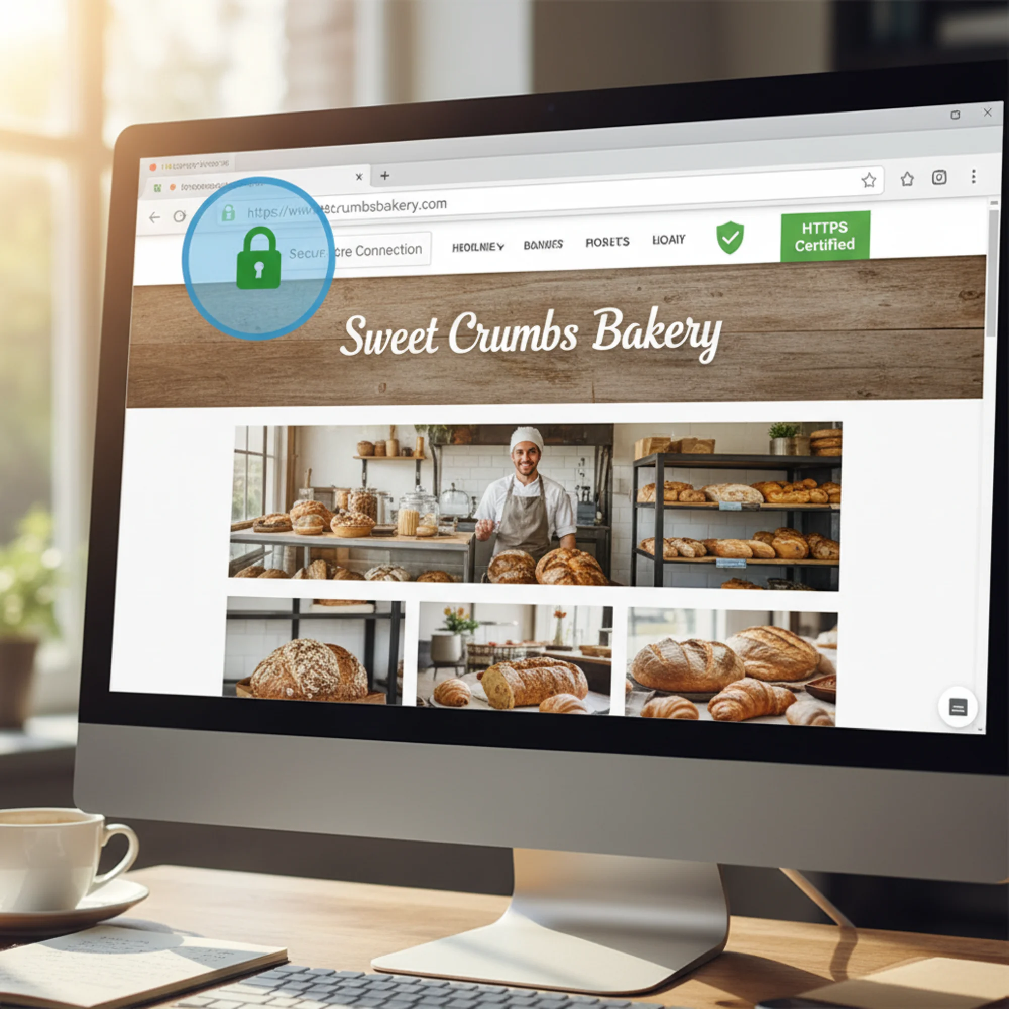 A browser address bar showing a padlock icon with a translucent shield overlay, next to a small business bakery website displaying an HTTPS "Secure" badge, warm daylight tones