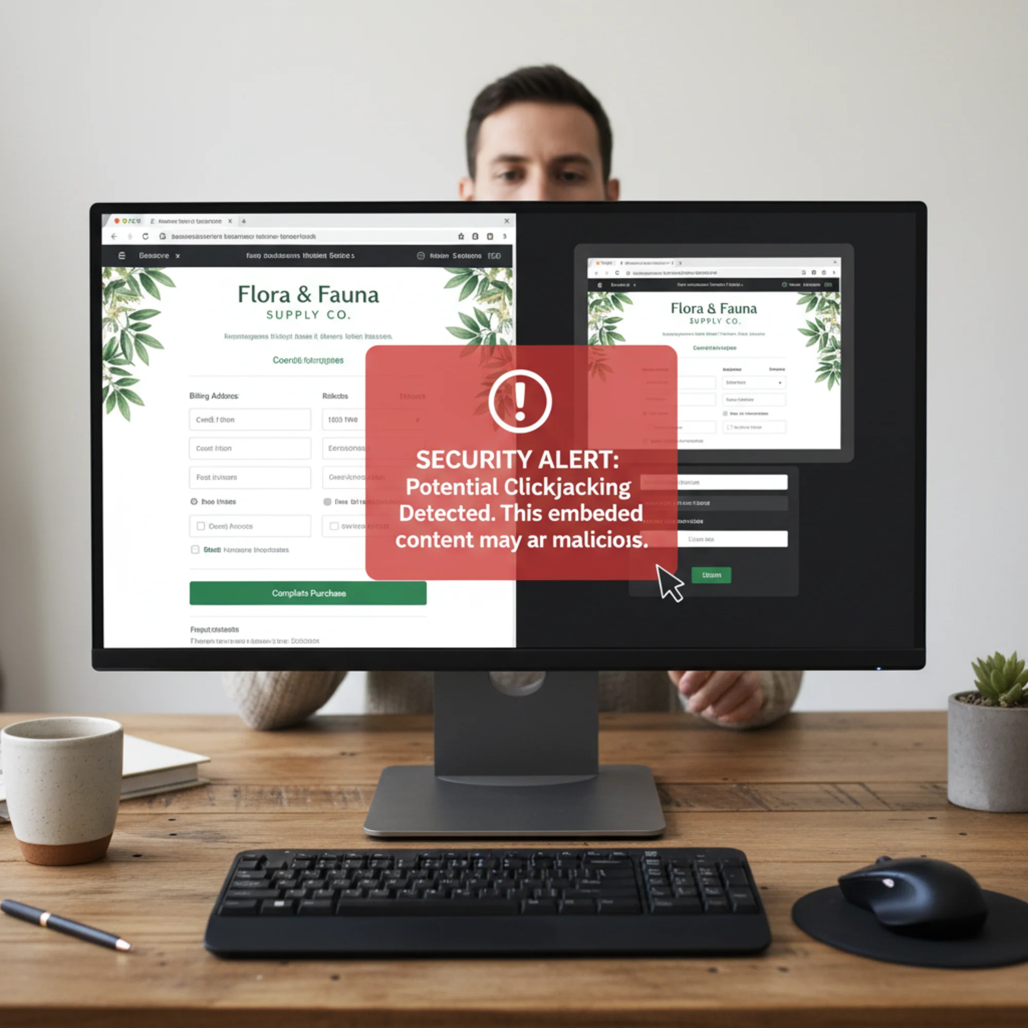 A split-screen browser view where one side shows a legitimate small business checkout page and the other shows the same page embedded inside a transparent iframe on a phishing site, with a red clickjacking warning overlay