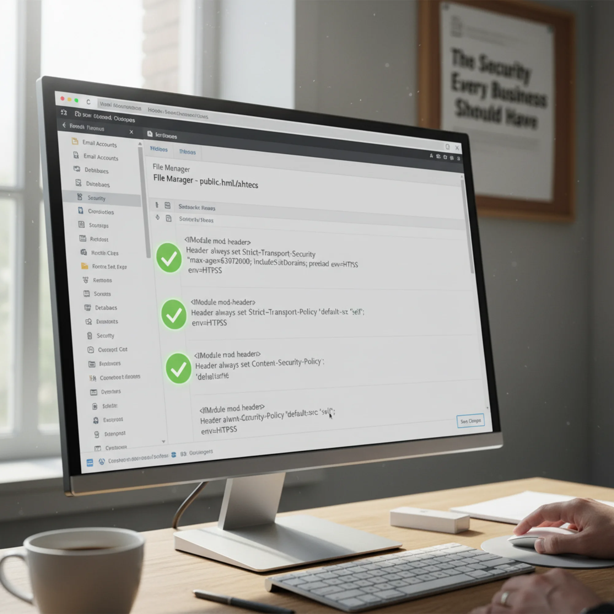 A website hosting control panel with an open .htaccess file, showing security header directives like Strict-Transport-Security and Content-Security-Policy being added line by line with green checkmarks appearing beside each completed entry