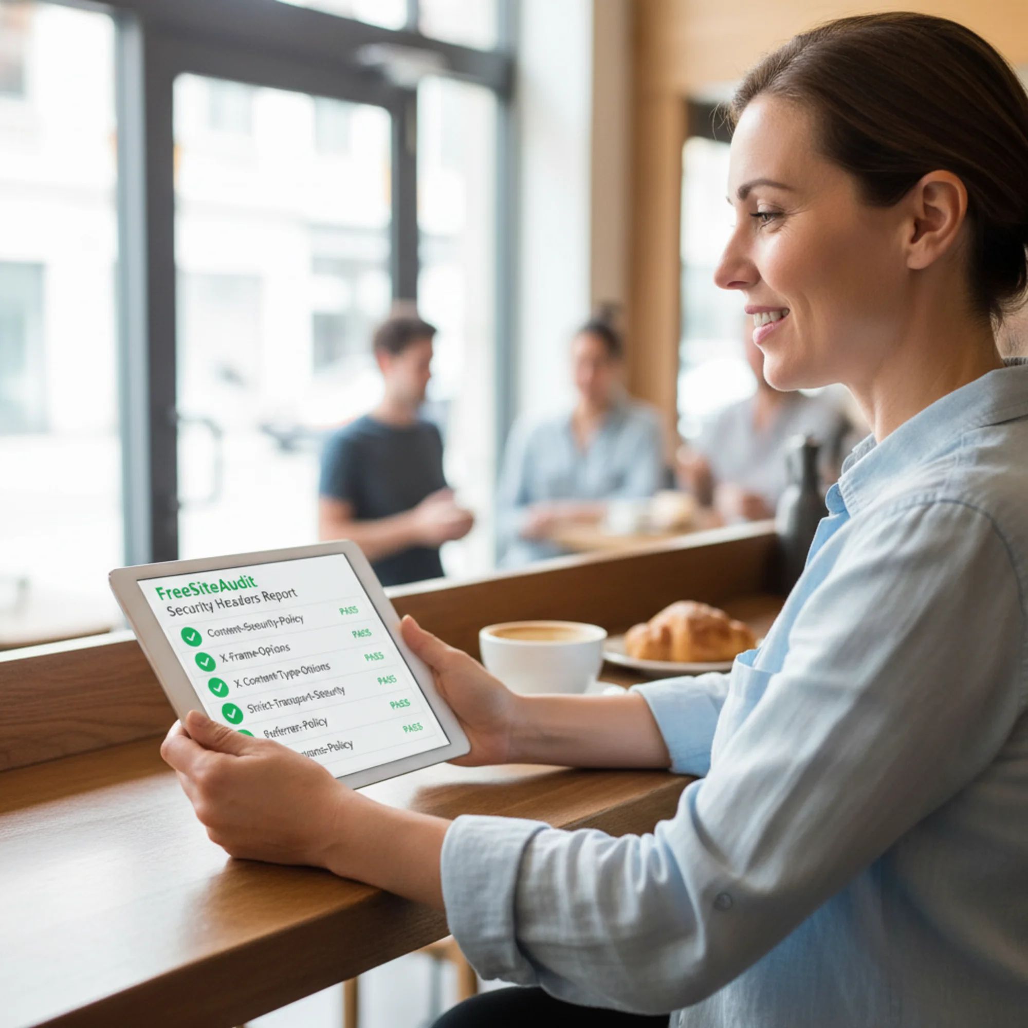 A FreeSiteAudit security headers report card showing all six header checks passing with green indicators, beside a relieved small business owner reviewing the results on a tablet at a café counter