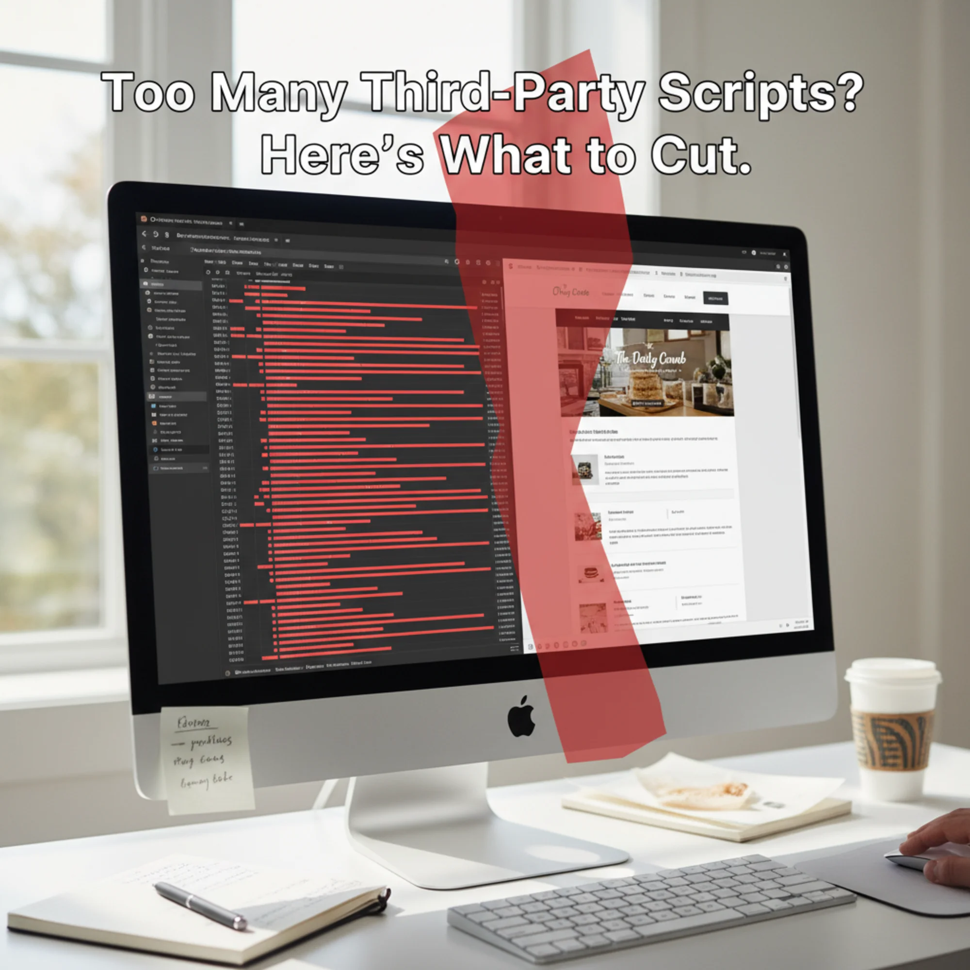 A browser waterfall chart showing a cascade of blocked third-party script requests stacking up against a small business homepage trying to load, with red timing bars dominating the view