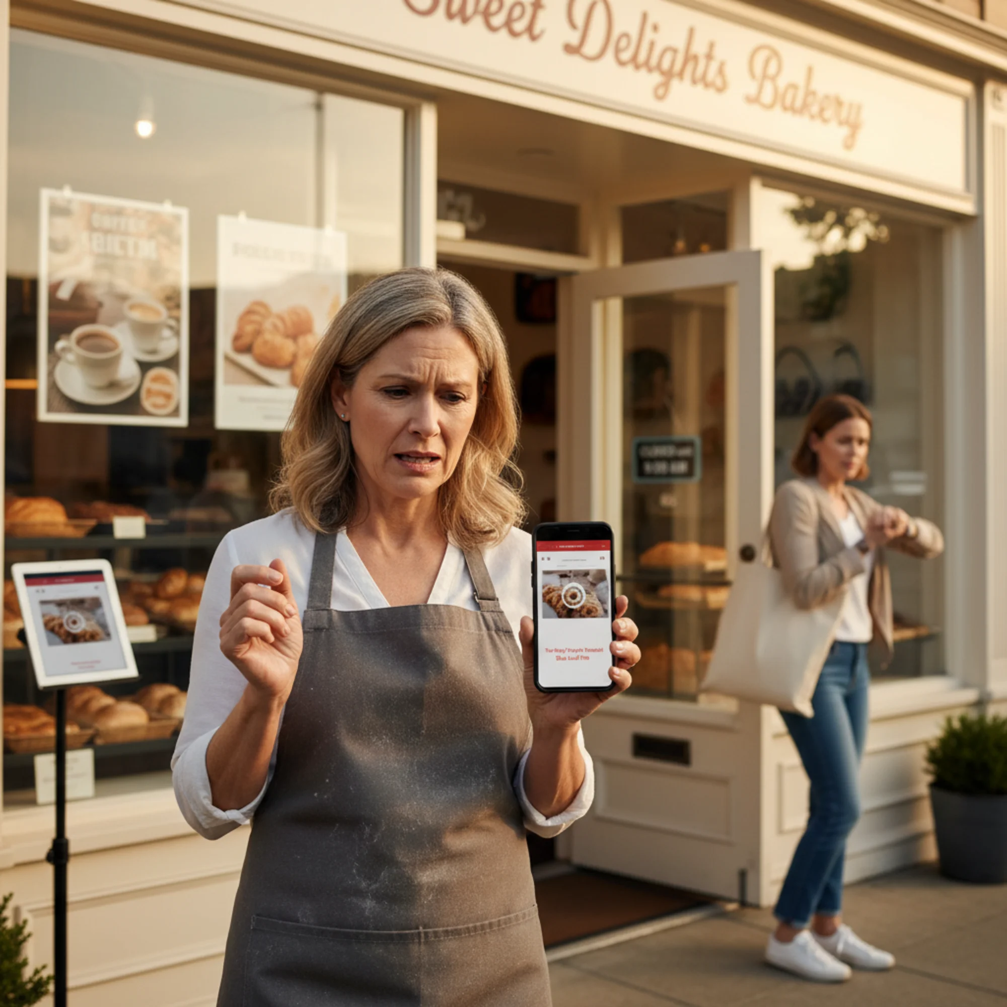 A frustrated small business owner on their phone watching their bakery website stuck on a loading spinner, while a potential customer turns away from the storefront in the background