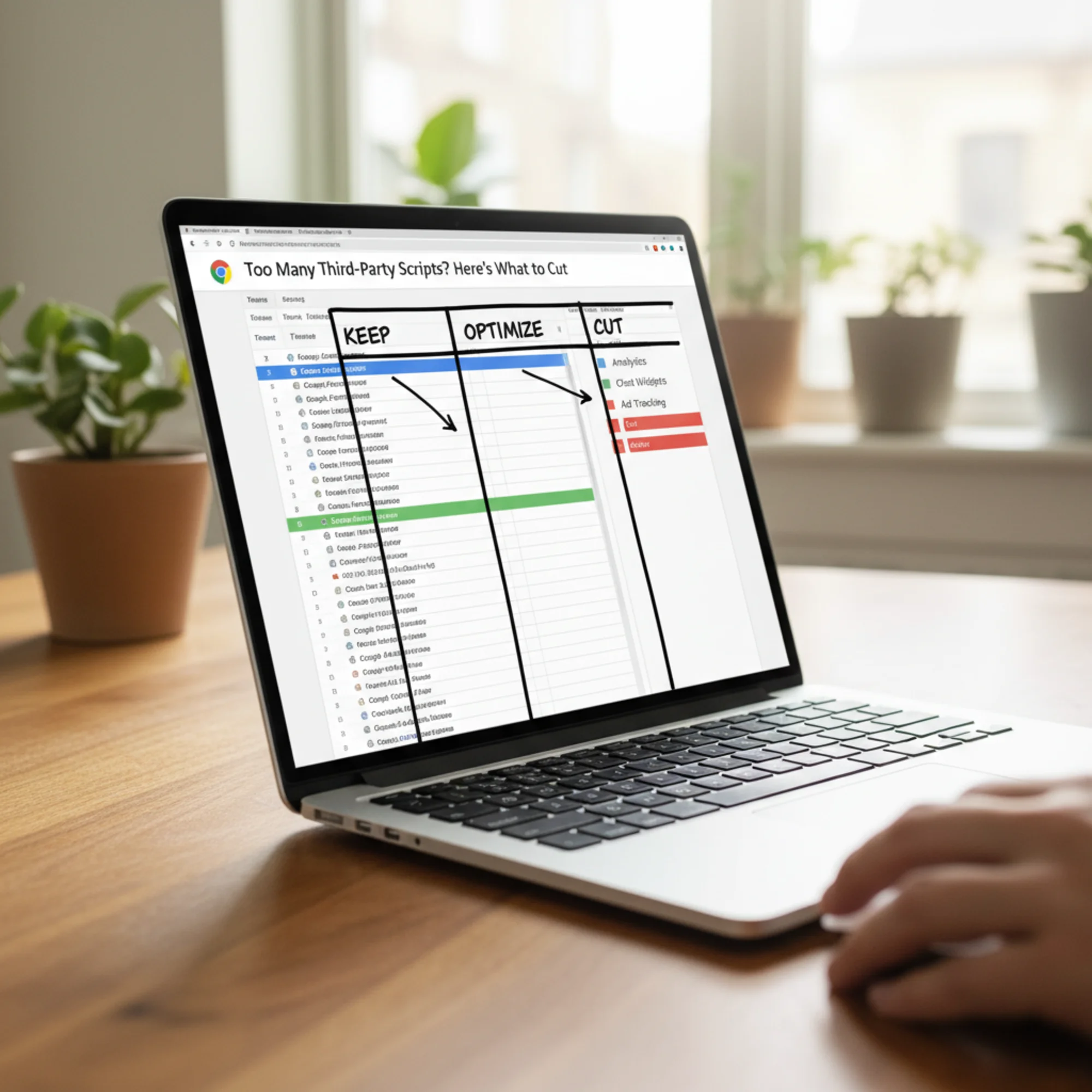 A Chrome DevTools network panel on a laptop screen with third-party scripts highlighted and sorted by load time, showing color-coded categories for analytics, chat widgets, and ad tracking pixels being triaged into keep, optimize, and cut columns