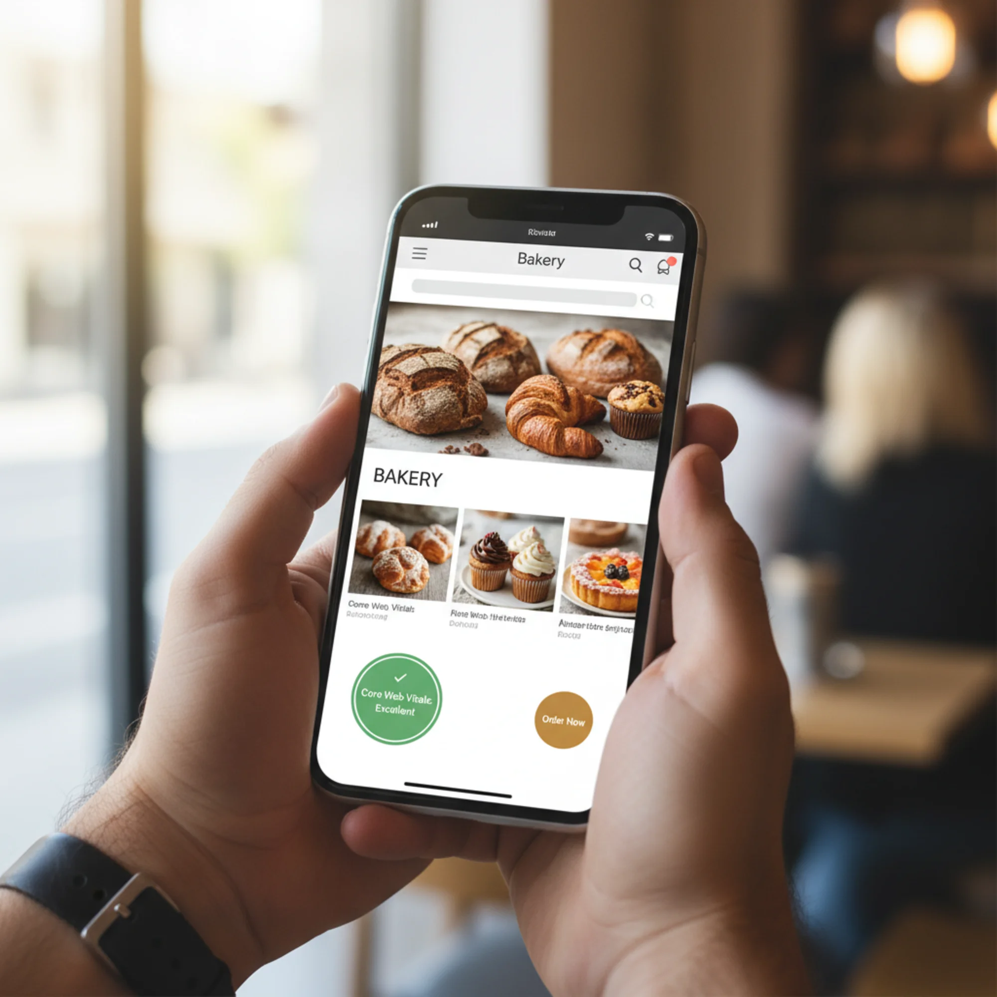 A clean, fast-loading bakery website on a mobile phone displaying a green Core Web Vitals score badge, with the homepage fully rendered showing products and an order button in under two seconds