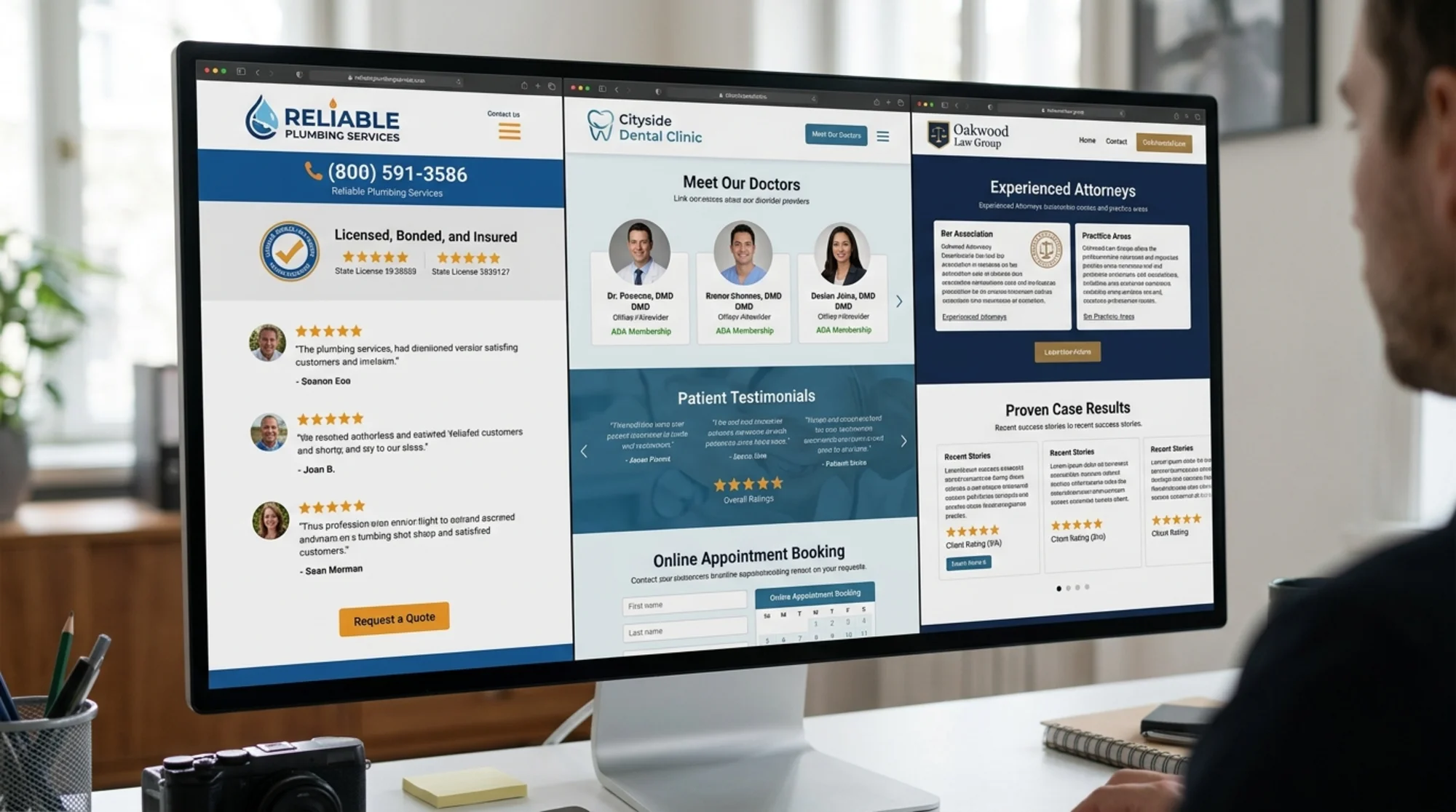 A split-screen showing three website headers side by side — a plumber's site with license badges and reviews, a dental clinic with provider credentials and patient ratings, and a law firm with bar association seals and case results — all displaying visible trust indicators above the fold