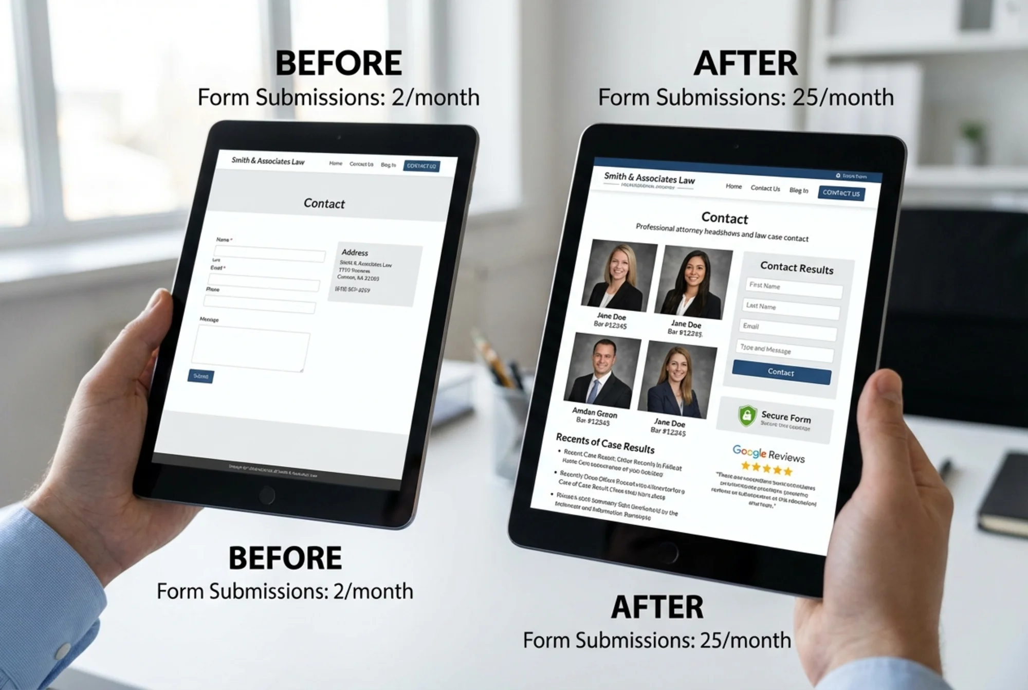 A before-and-after comparison of a personal injury law firm's contact page — the left side bare and generic, the right side showing attorney headshots, bar numbers, case results summary, a secure form badge, and a Google Reviews snippet — with a visible increase in form submissions