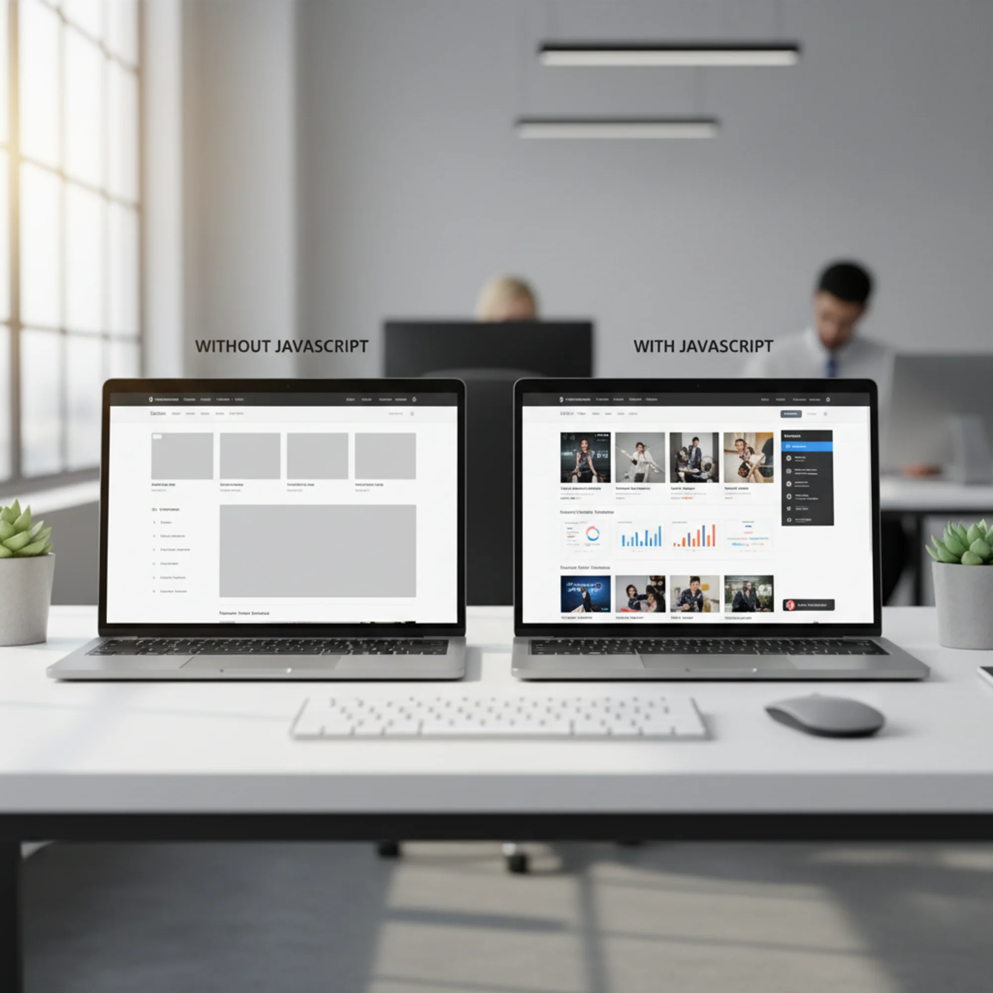Side-by-side comparison of a website rendering with and without JavaScript showing missing content
