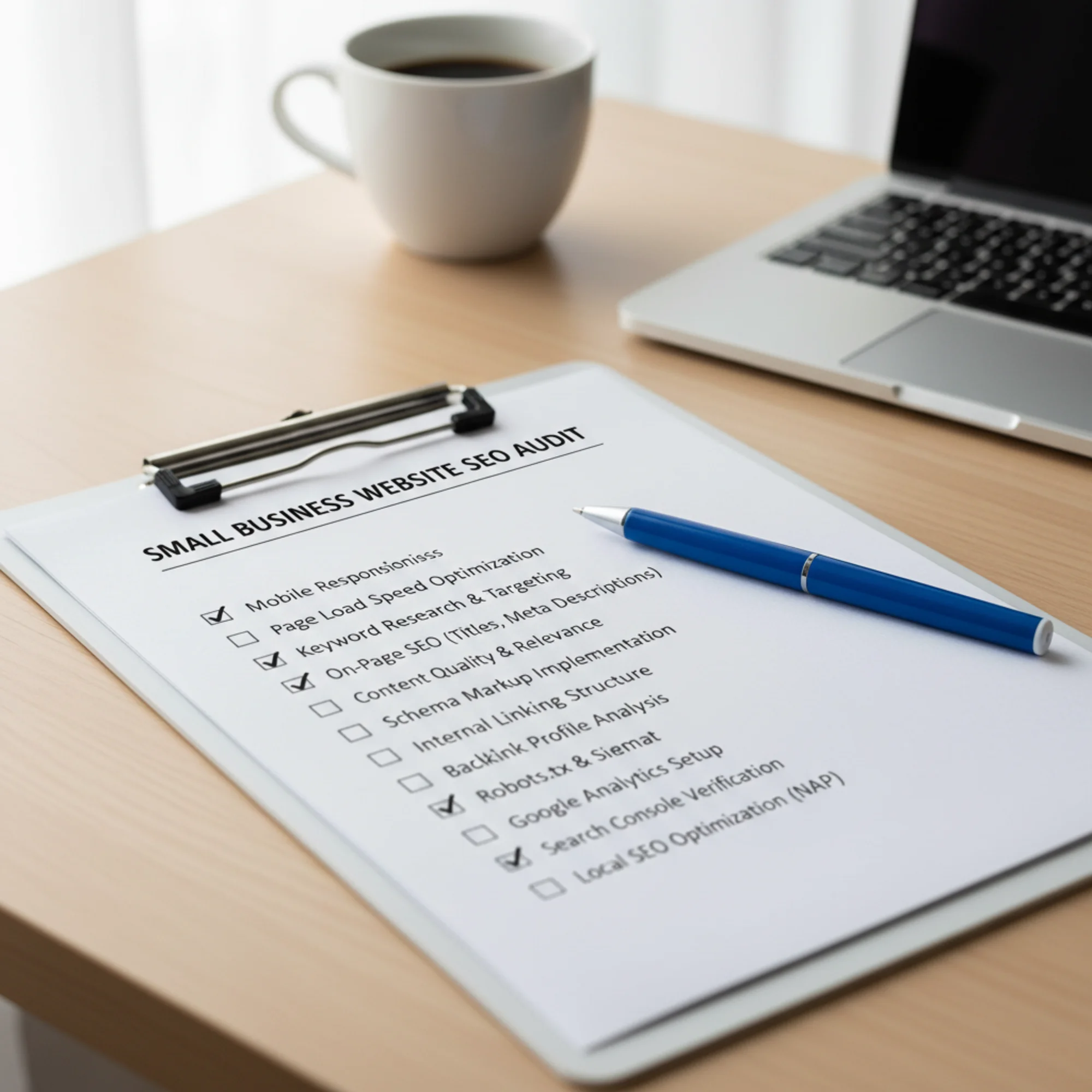 Checklist on a clipboard with SEO audit items for a small business website