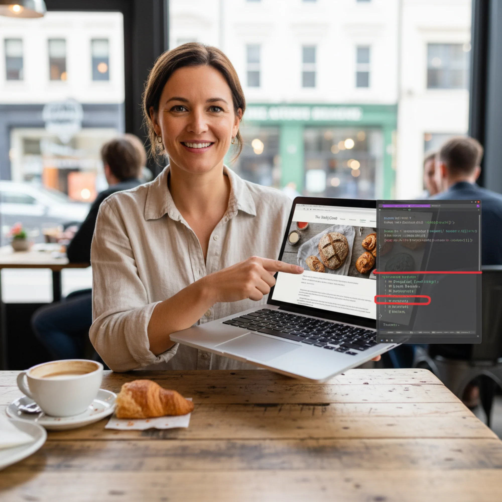 A small business owner proudly viewing a freshly vibe-coded React website on their laptop while a translucent code overlay reveals missing meta tags, empty alt attributes, and broken heading hierarchy in the page source