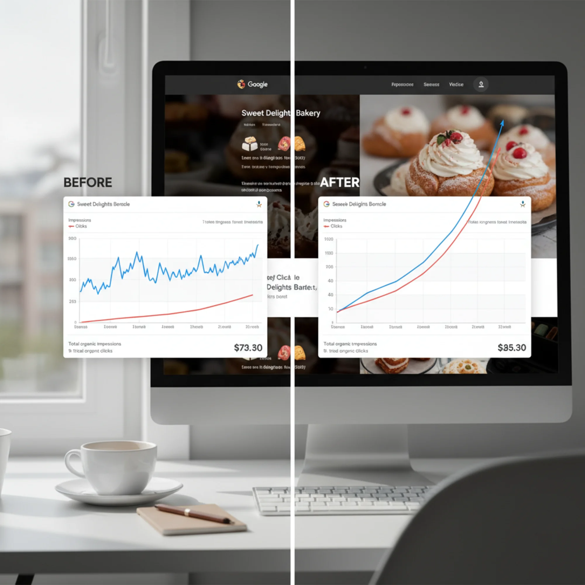 A before-and-after of a vibe-coded bakery website's Google Search Console performance graph, showing impressions and clicks climbing sharply after fixing the technical SEO issues identified in the audit
