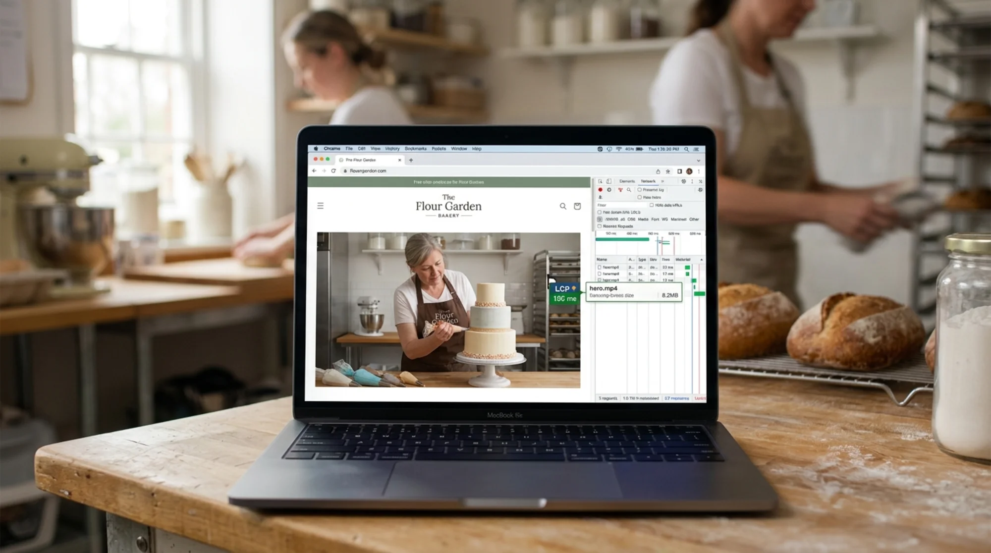 Small bakery website open in Chrome on a laptop with an embedded hero video of a baker decorating a cake, Chrome DevTools panel pinned on the right showing a network waterfall row labeled "hero.mp4 8.2MB" and an LCP overlay marker highlighting the video element