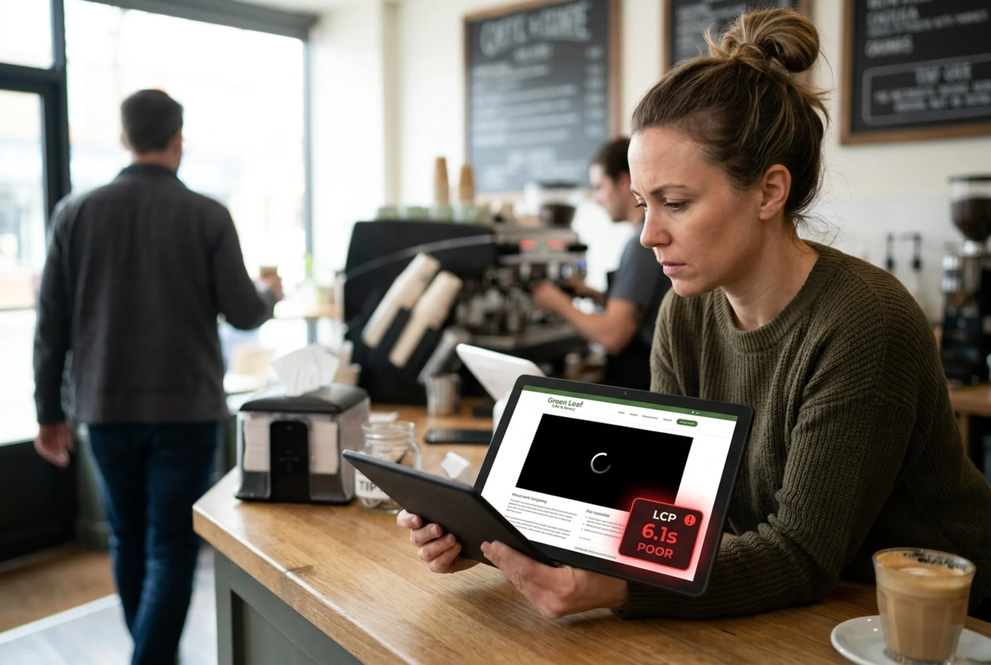 Small business owner at a cafe counter holding a tablet, the screen showing their own homepage stuck on a black video loading frame with a spinner, a Core Web Vitals badge in the corner glowing red with "LCP 6.1s POOR", a coffee customer in the background walking away