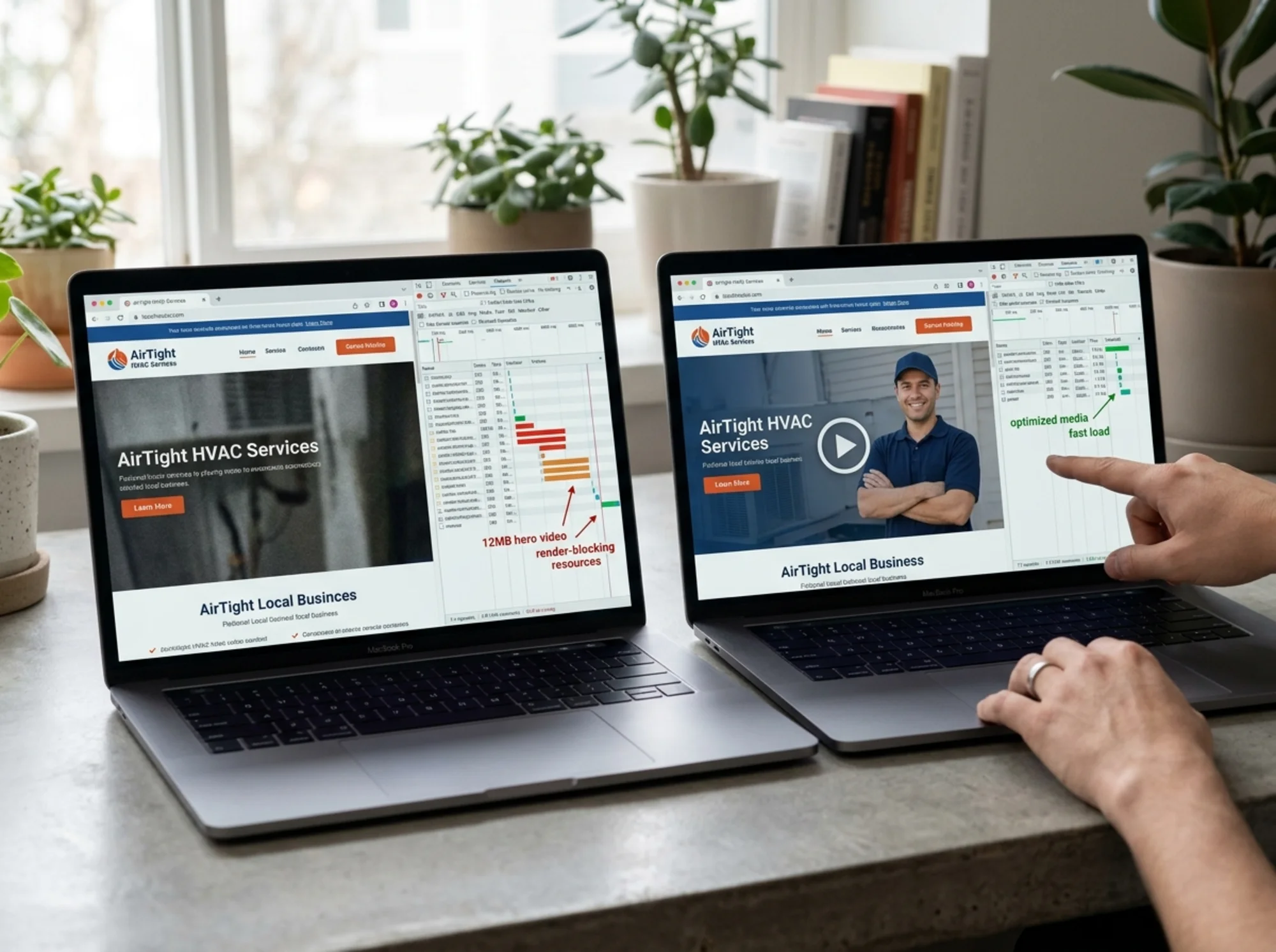 Two laptop screens side by side comparing a local HVAC homepage, left screen autoplaying a 12MB hero video with a sluggish scroll position and a DevTools network panel full of long blocking bars, right screen showing the same page with a lightweight poster image and play button overlay plus a clean fast waterfall, a hand pointing at the right screen