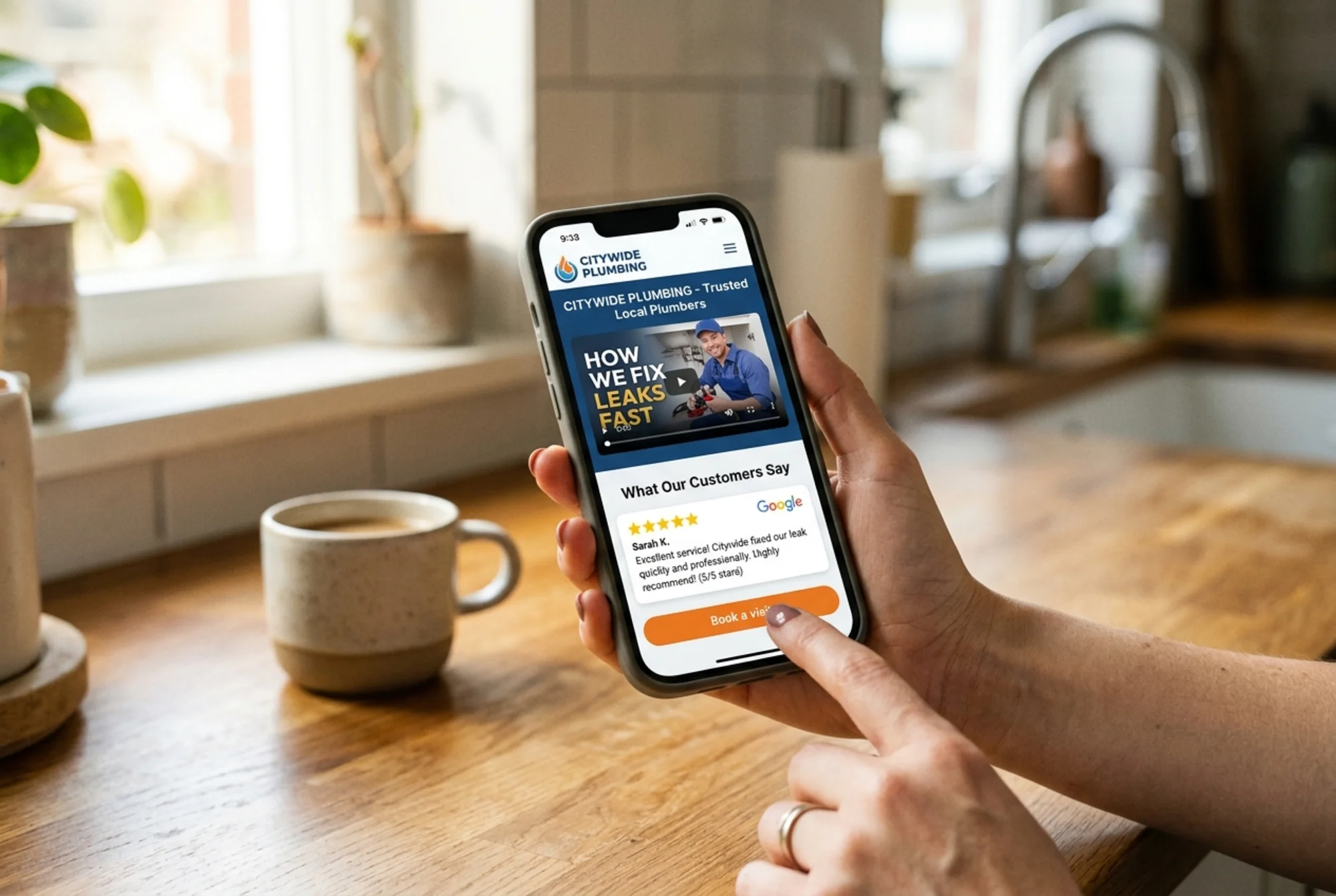 Plumbing company website on a phone in a sunlit kitchen, page rendering instantly with a small explainer video framed by a poster image, visible captions reading "How we fix leaks fast", a five-star Google review snippet below, and a finger about to tap a "Book a visit" button