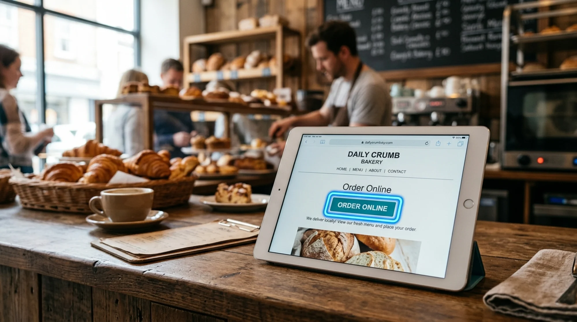Close-up of a small bakery's homepage on a tablet propped on a cafe counter, browser showing a thick blue focus outline around an "Order Online" button, croissants and a coffee cup softly out of focus in the background