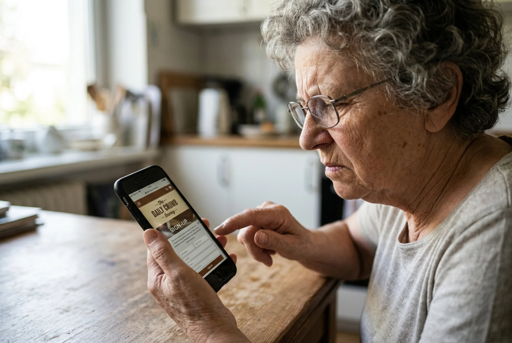 Frustrated older customer squinting at a smartphone showing a tiny gray cookie banner with a 12-pixel "X" close button overlapping a sign-up form on a small bakery's contact page, finger hovering over the wrong element