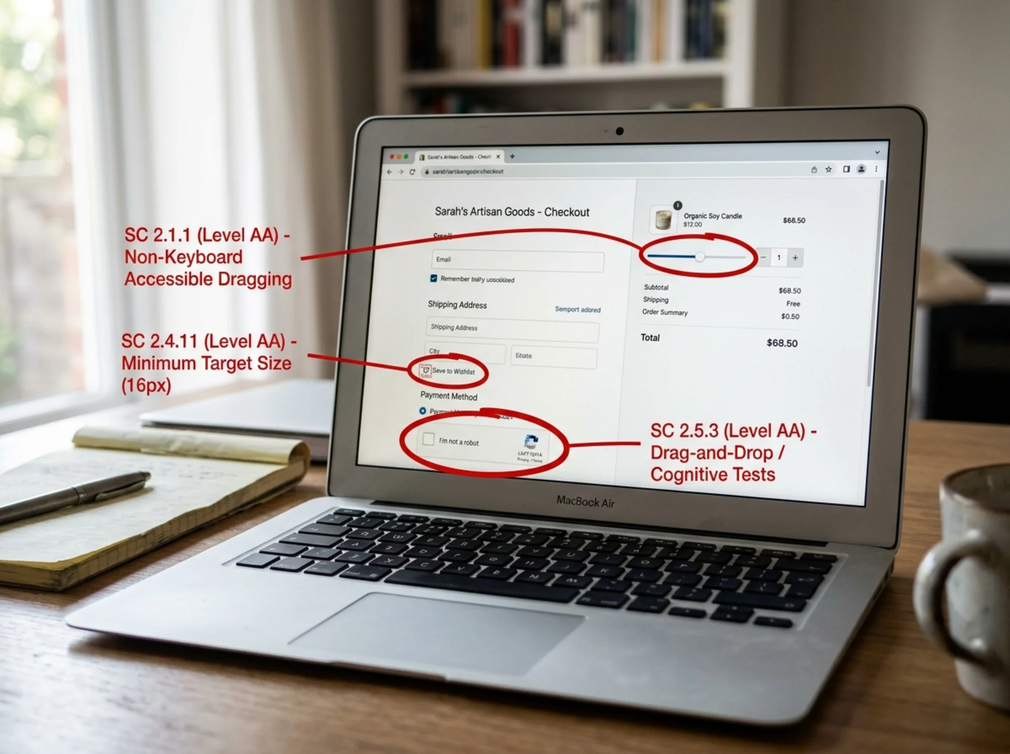 Annotated screenshot mockup of a Shopify-style checkout, with red circles and labels pointing to a drag-only quantity slider, a 16px heart icon, and a CAPTCHA puzzle, each tagged with the failing WCAG 2.2 criterion name in the margin