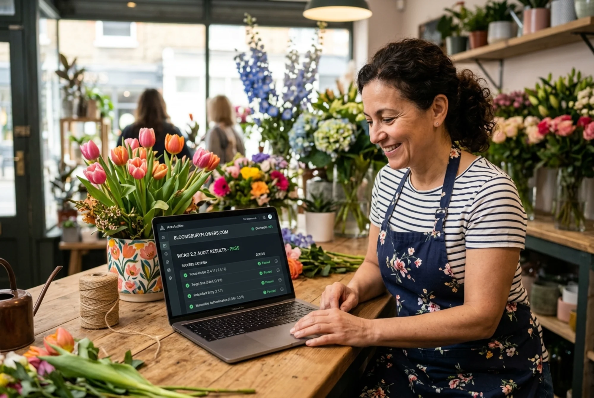 Small flower shop owner smiling at a laptop on the shop counter, screen showing an accessibility audit dashboard with green checkmarks next to "Focus Visible," "Target Size 24px," "Redundant Entry," and "Accessible Authentication," potted tulips beside the keyboard