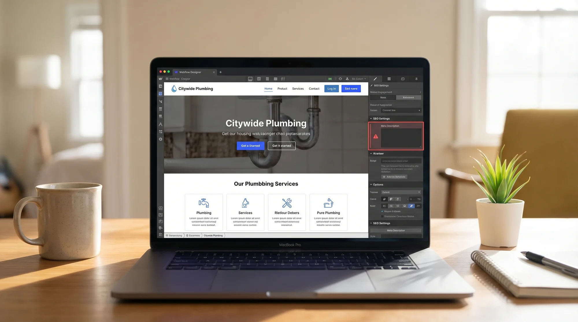 A Webflow Designer canvas open on a laptop showing a local plumbing business homepage, with the SEO settings panel visible on the right side and a red warning badge on the meta description field