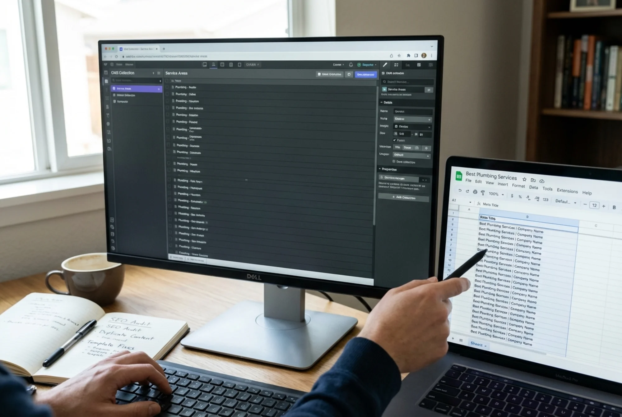 A Webflow CMS collection showing 40+ service-area pages with identical meta titles listed in a spreadsheet beside it, illustrating the duplicate content problem created by template-driven publishing