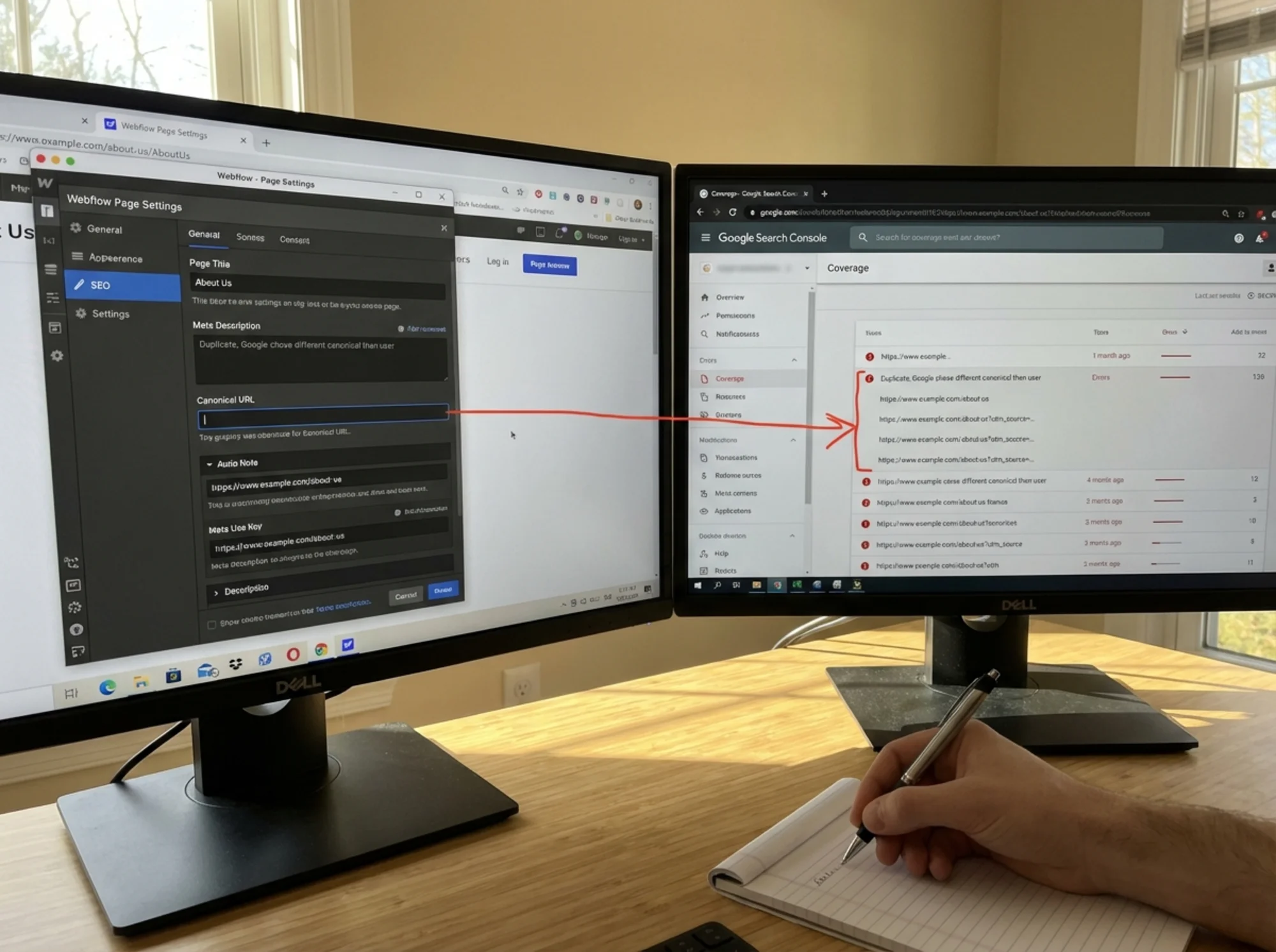 A side-by-side view of Webflow's Page Settings SEO tab on the left and Google Search Console's Coverage report on the right, with arrows connecting missing canonical tags to indexed duplicate URLs