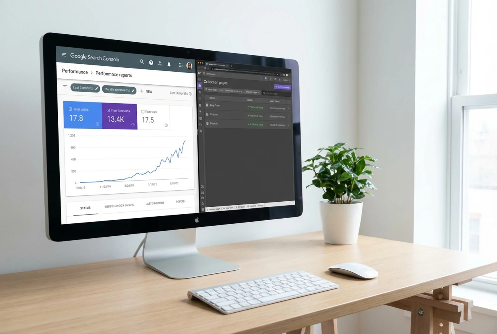 A Google Search Console Performance report showing a clear upward trend in organic clicks over 90 days, displayed on a monitor next to an open Webflow CMS dashboard showing recently published and updated collection pages