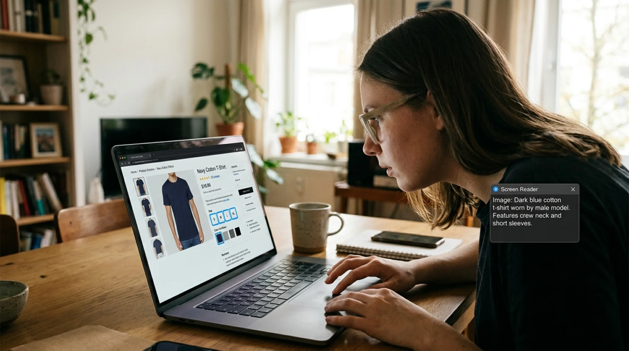 A shopper with low vision leaning close to a laptop screen showing a real ecommerce product page for a navy cotton t-shirt, screen reader software panel visible on screen reading the alt text aloud, size and color variant buttons highlighted, warm natural light from a window, candid documentary style