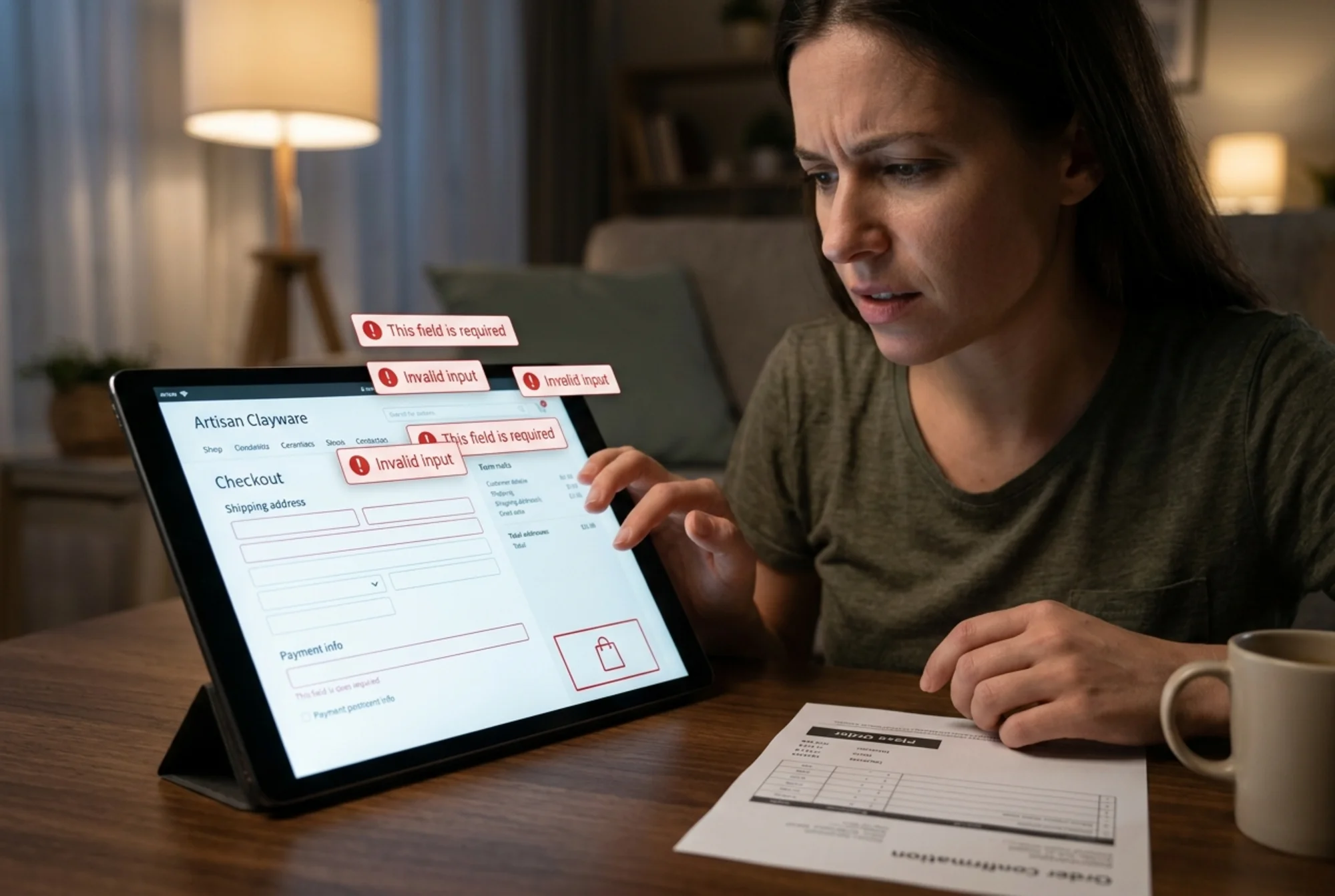 A frustrated customer at an ecommerce checkout page on a tablet, "Place Order" button rendered as a bare unlabeled icon, red error messages floating with no field labels attached, hand hovering above the screen in confusion, dim evening lighting, realistic store branding visible
