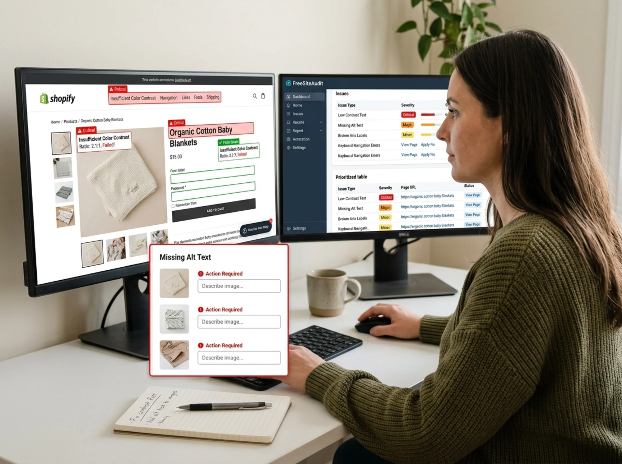 A store operator at a dual-monitor workstation reviewing a FreeSiteAudit accessibility report, one screen showing a Shopify product page with color contrast ratios and missing alt text fields highlighted in red and green overlays, second screen showing a prioritized issue list with page-by-page severity scores