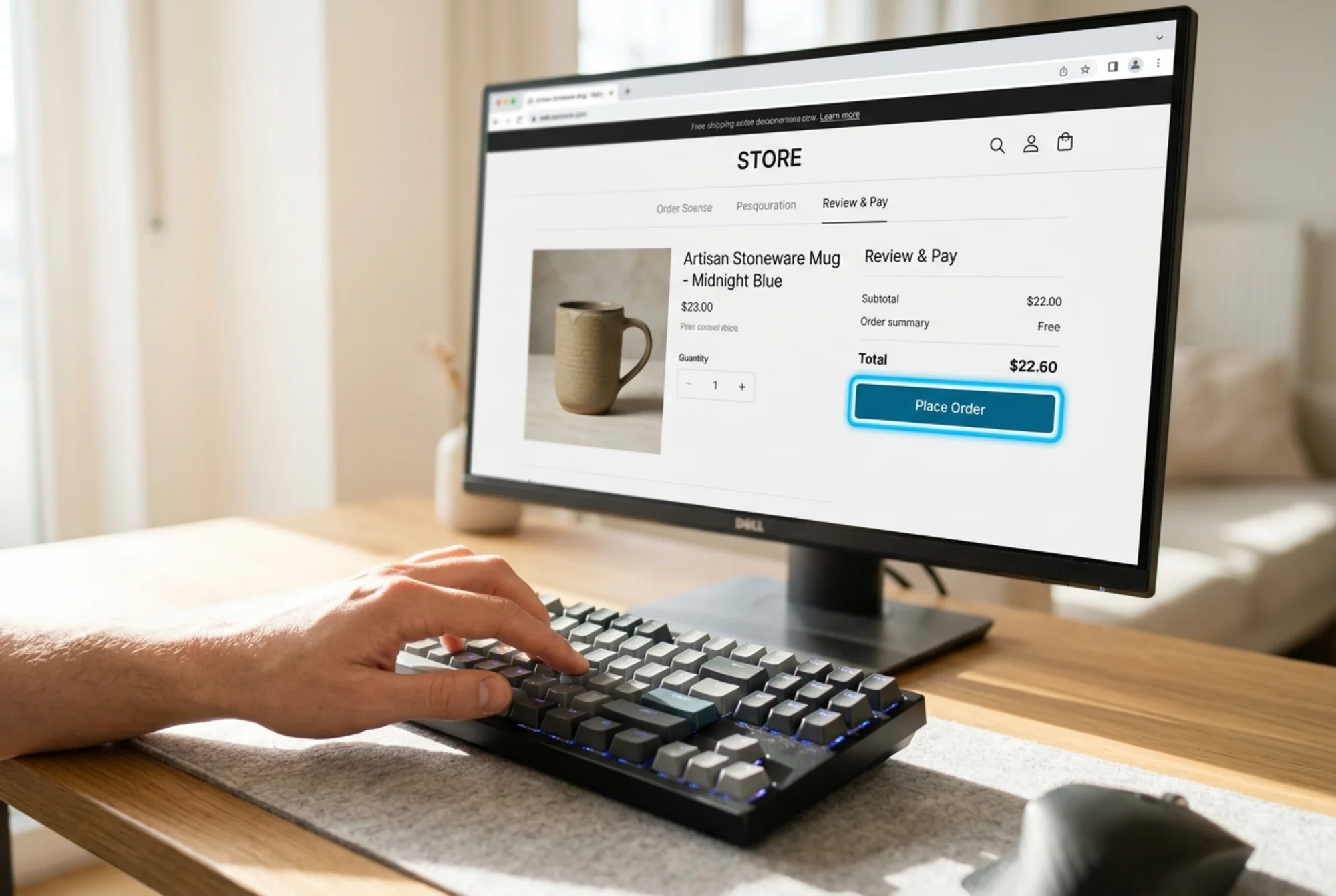 An ecommerce product page for a stoneware mug now fully accessible, a customer completing checkout using only a keyboard with a bright blue focus ring visible around the "Place Order" button, order confirmation screen appearing, clean modern store interface, optimistic morning light
