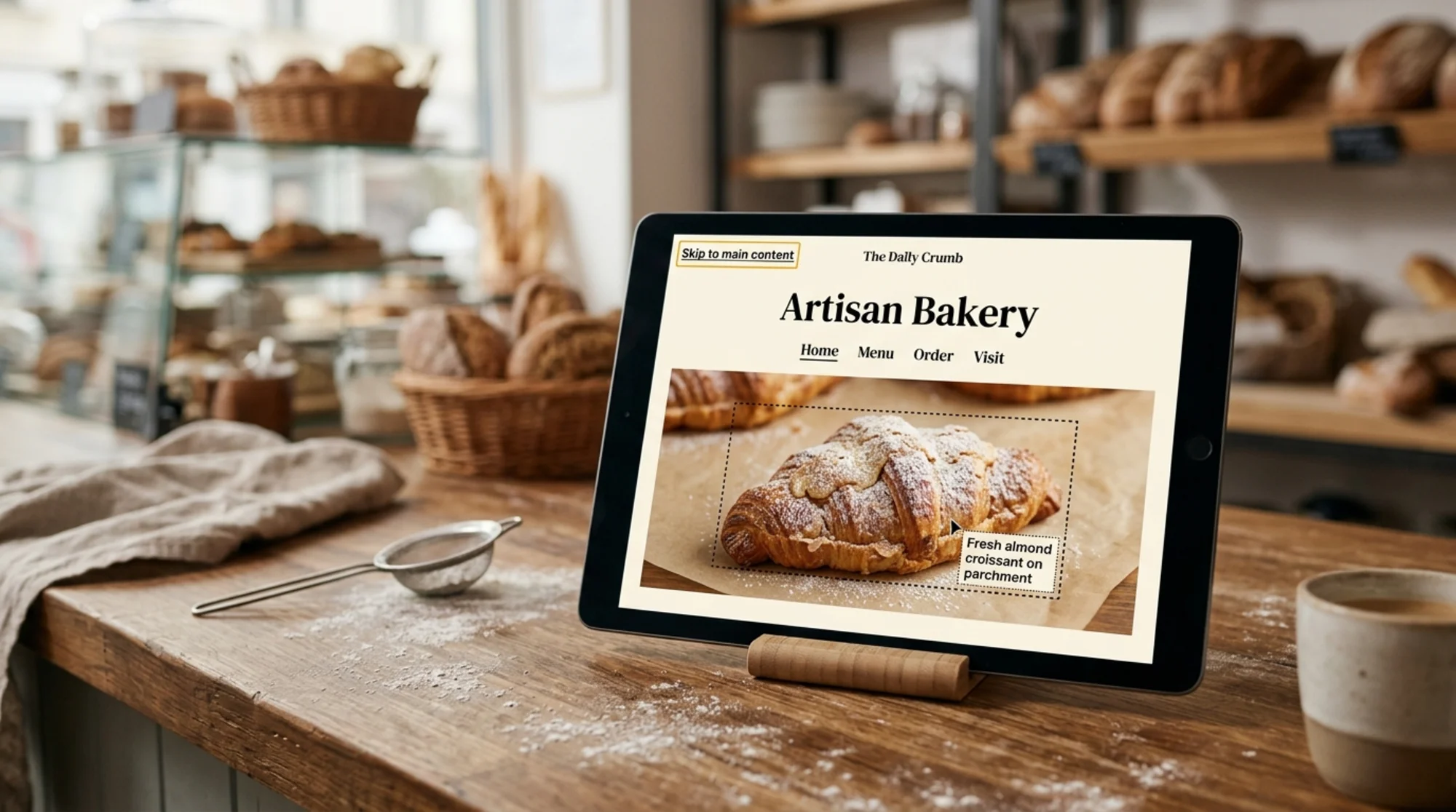 Small bakery website homepage open on a tablet propped on a wooden counter, screen showing high-contrast black-on-cream text, a visible "Skip to main content" link in the top-left, and a croissant product image with a dotted alt-text overlay reading "Fresh almond croissant on parchment", warm morning light, flour dust on the counter