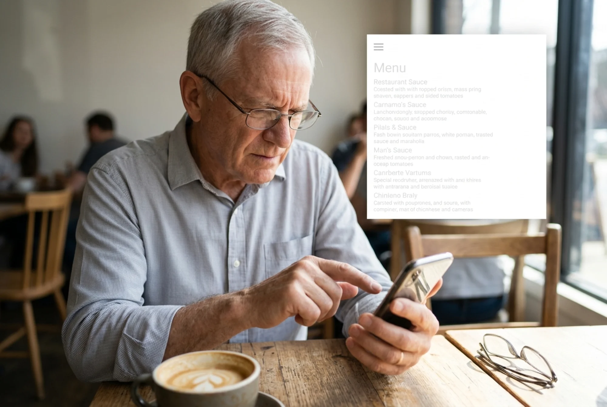 Older customer in a coffee shop squinting at a phone showing a restaurant menu page with pale gray text on white, finger hovering over an unlabeled hamburger icon, latte and reading glasses on the table, soft window light, slight reflection on the screen