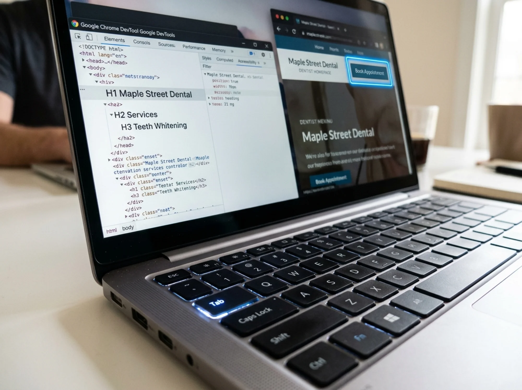 Laptop screen split between Chrome DevTools showing a nested heading outline (H1 "Maple Street Dental", H2 "Services", H3 "Teeth Whitening") and the live dentist homepage with a bright blue focus ring around a "Book Appointment" button, Tab key on the keyboard physically illuminated