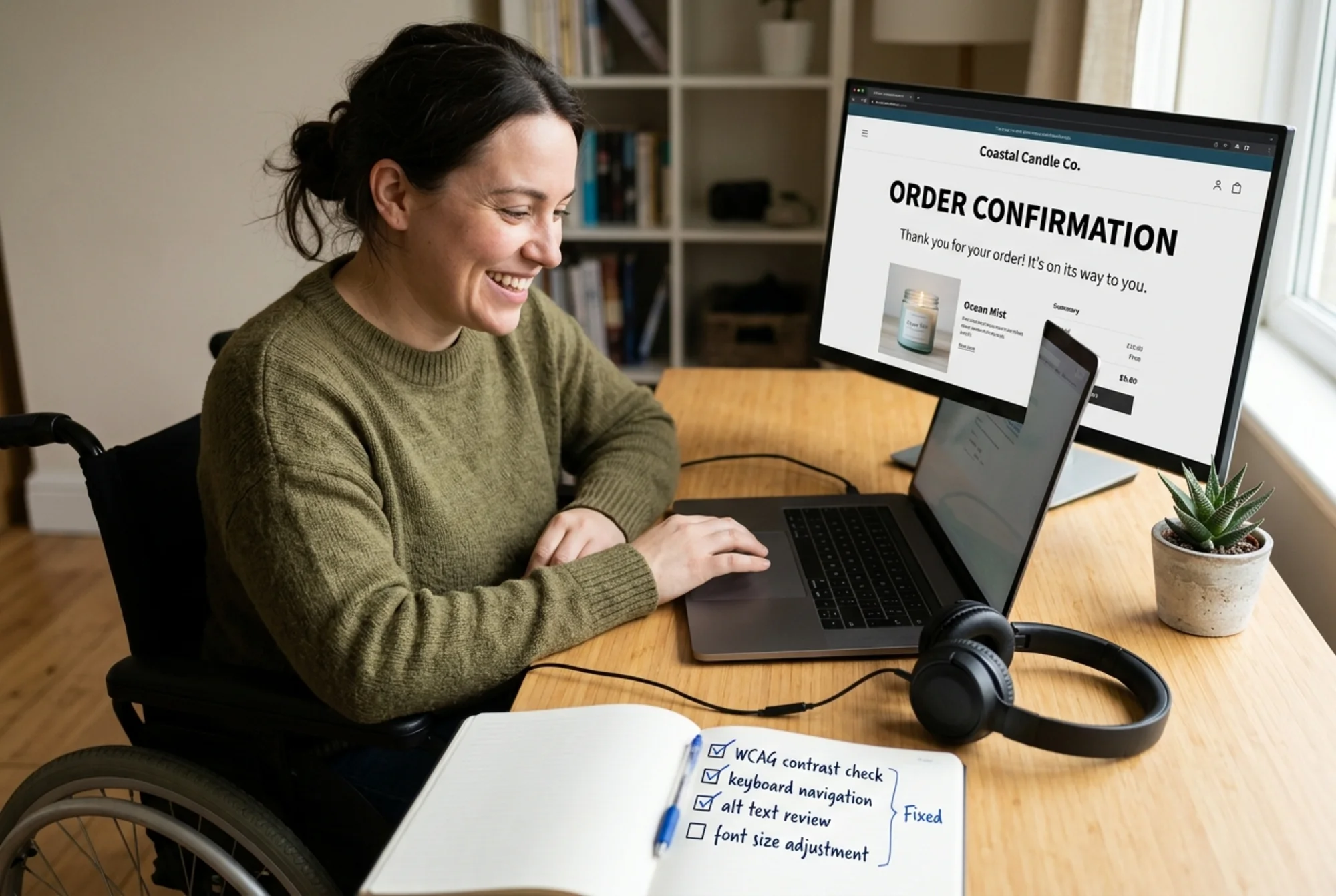 Wheelchair user at a home desk smiling at a laptop displaying an order confirmation screen for a small business candle shop, large readable text, over-ear headphones plugged in next to an open notebook with handwritten checklist items, succulent plant beside the monitor