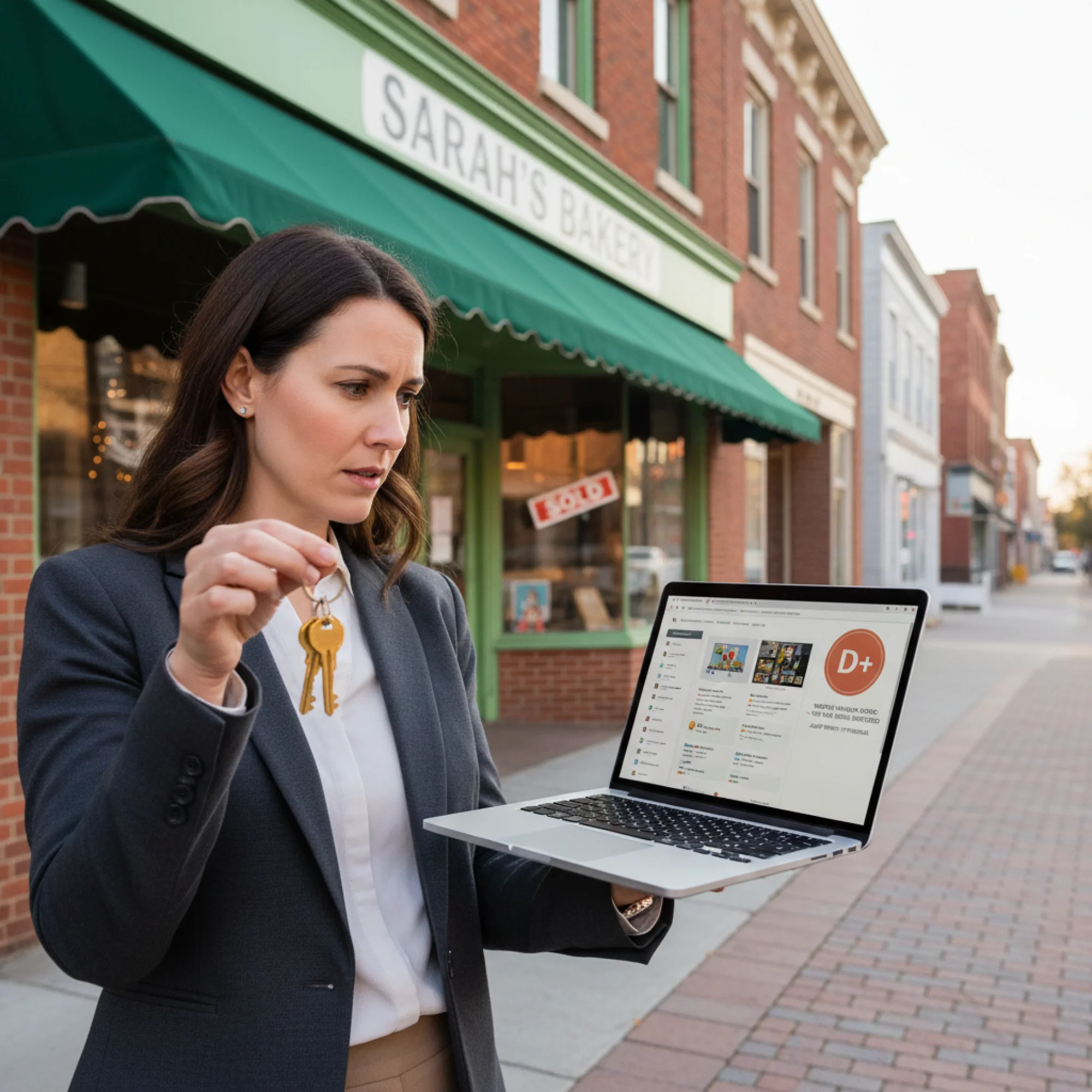 A new business owner holding keys and a laptop outside a small storefront, reviewing the acquired business website on screen showing outdated design elements and a low health score badge