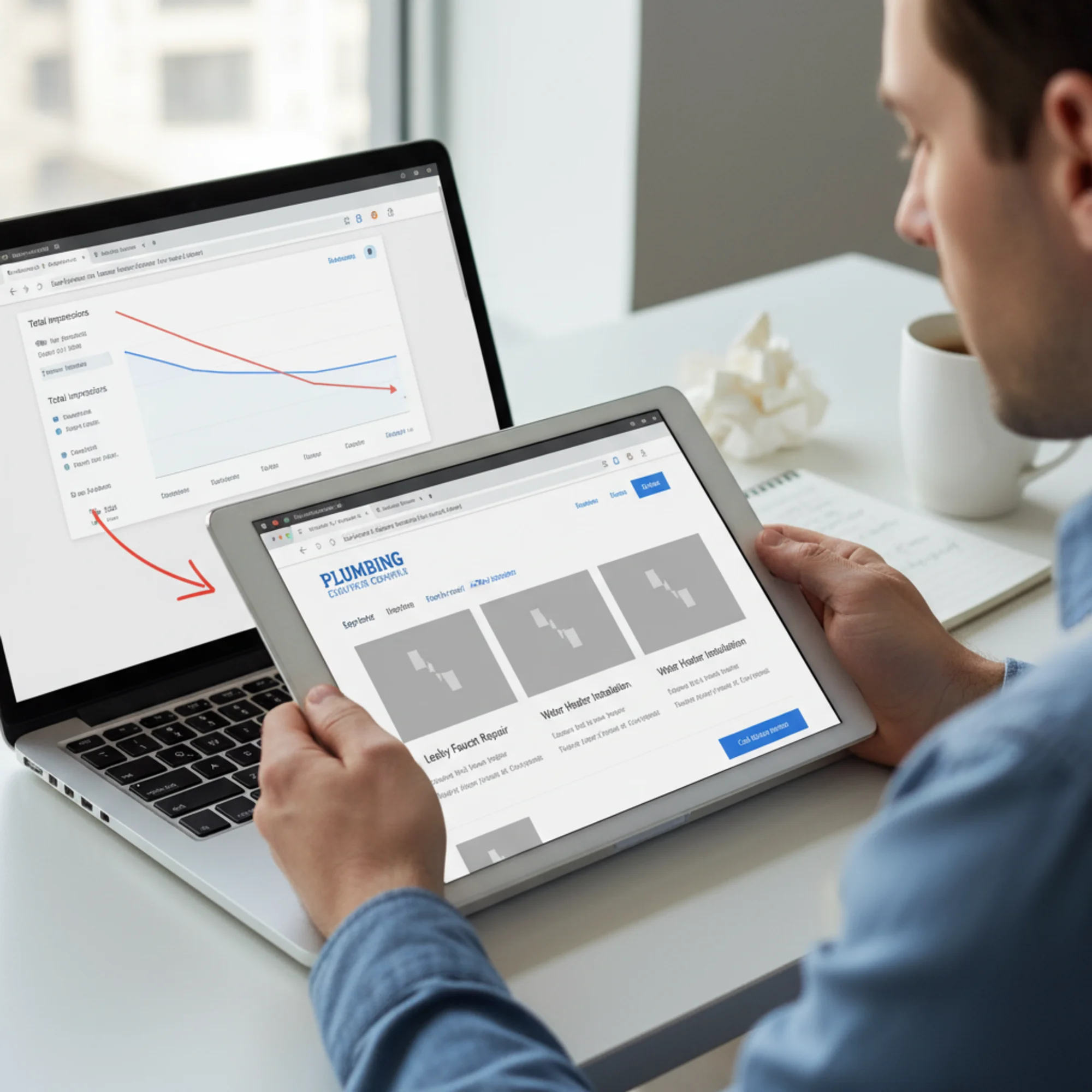 A browser showing a newly purchased plumbing company website with visible problems: broken image icons, a mobile view that is cut off, and a Google Search Console chart showing declining impressions over three months