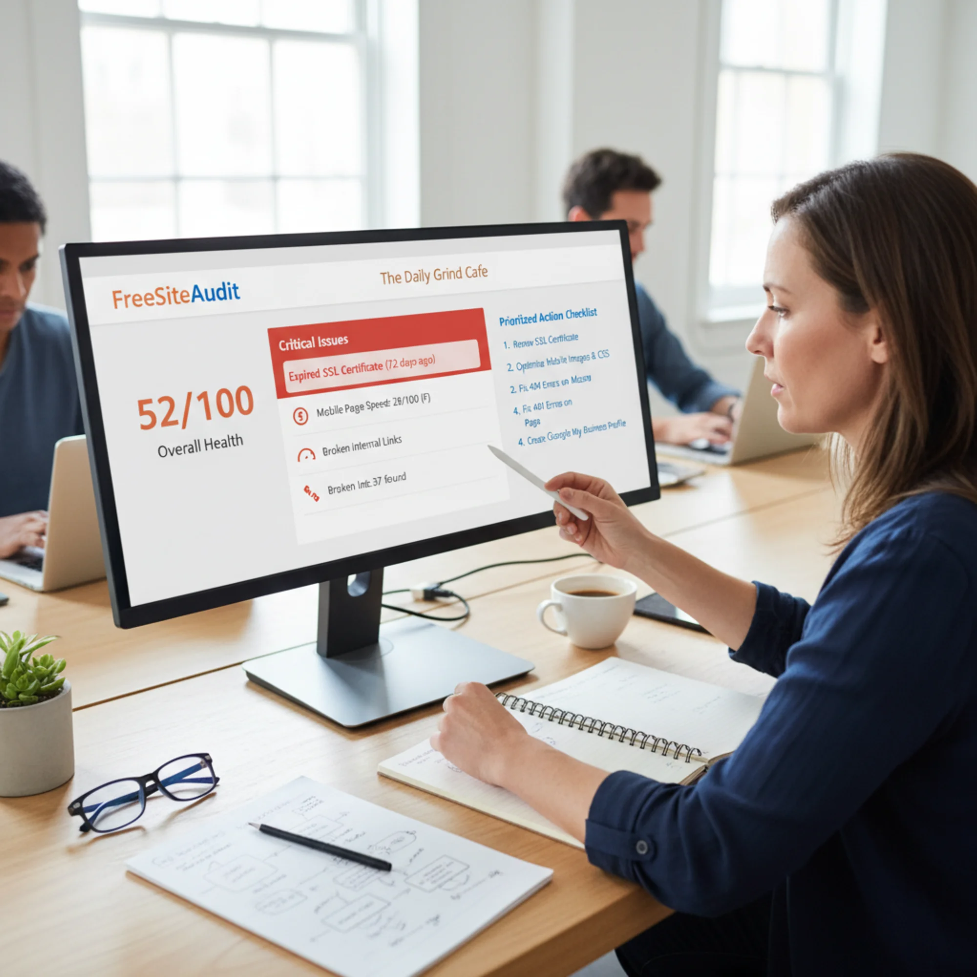 A FreeSiteAudit report screen for an acquired local business website, with highlighted sections showing critical issues in red such as expired SSL, 28/100 mobile speed score, and 37 broken links alongside a prioritized action checklist