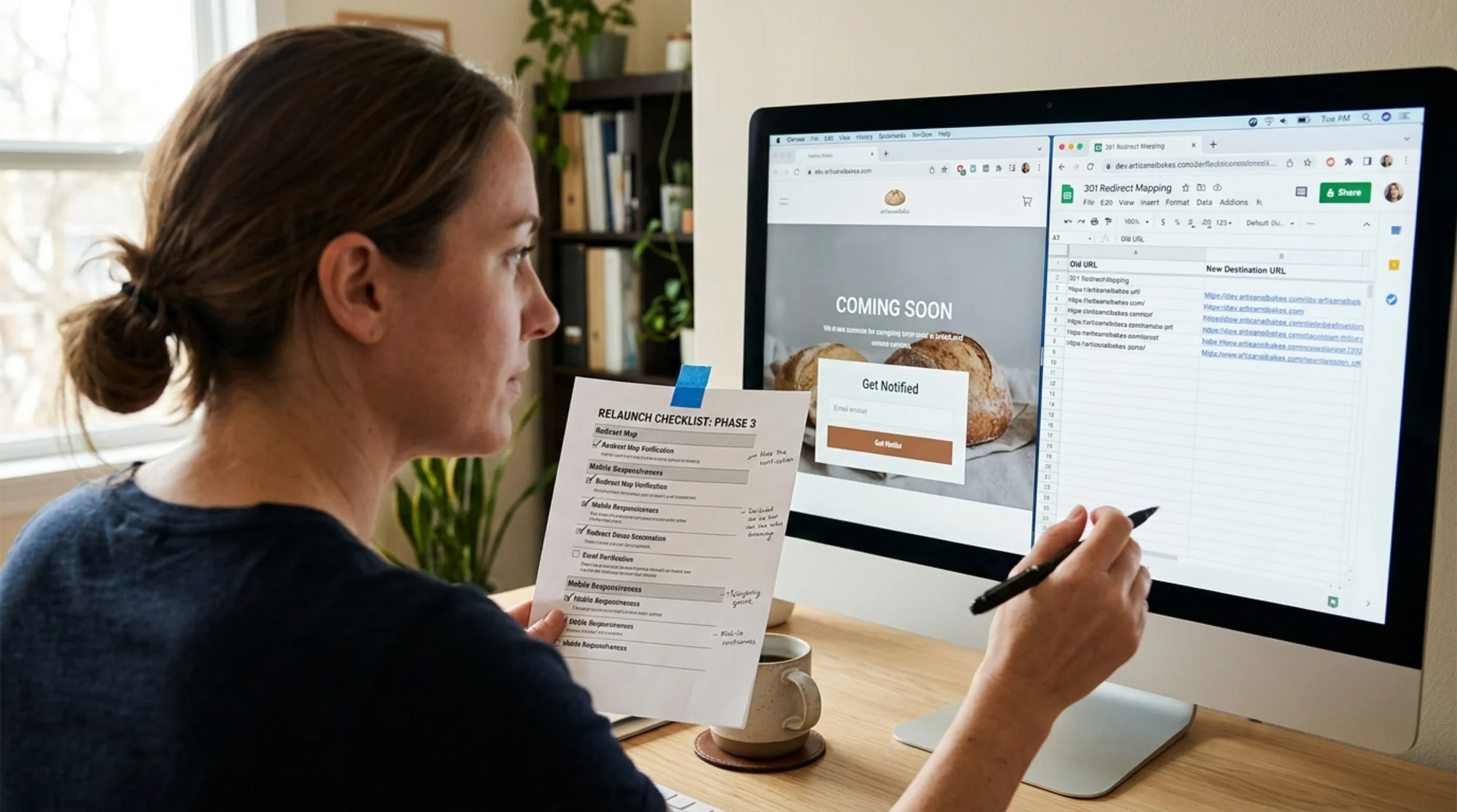 Photorealistic over-the-shoulder shot of a small business owner at a desk reviewing a printed multi-phase website relaunch checklist taped beside their monitor, which shows a staging URL with a "Coming Soon" banner and a redirect map spreadsheet open in a second window, natural office light, focused expression