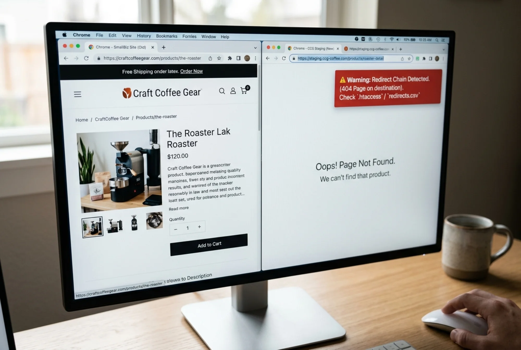Photorealistic split-screen browser view comparing an old live site on the left with the new staging site on the right, mismatched URL slugs visible in the address bars, a "redirect chain detected" warning toast, and a 404 page open in a background tab on the new build