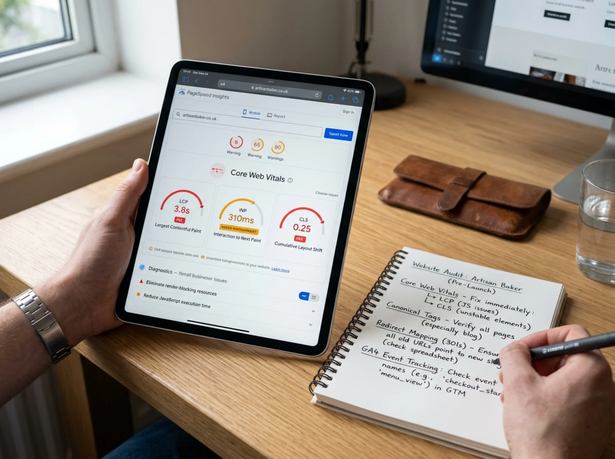 Photorealistic close-up of a marketer's hands holding a tablet displaying a Core Web Vitals report with LCP, INP, and CLS gauges in red and amber, alongside a paper notebook with handwritten notes on canonical tags, redirect mapping, and GA4 event names