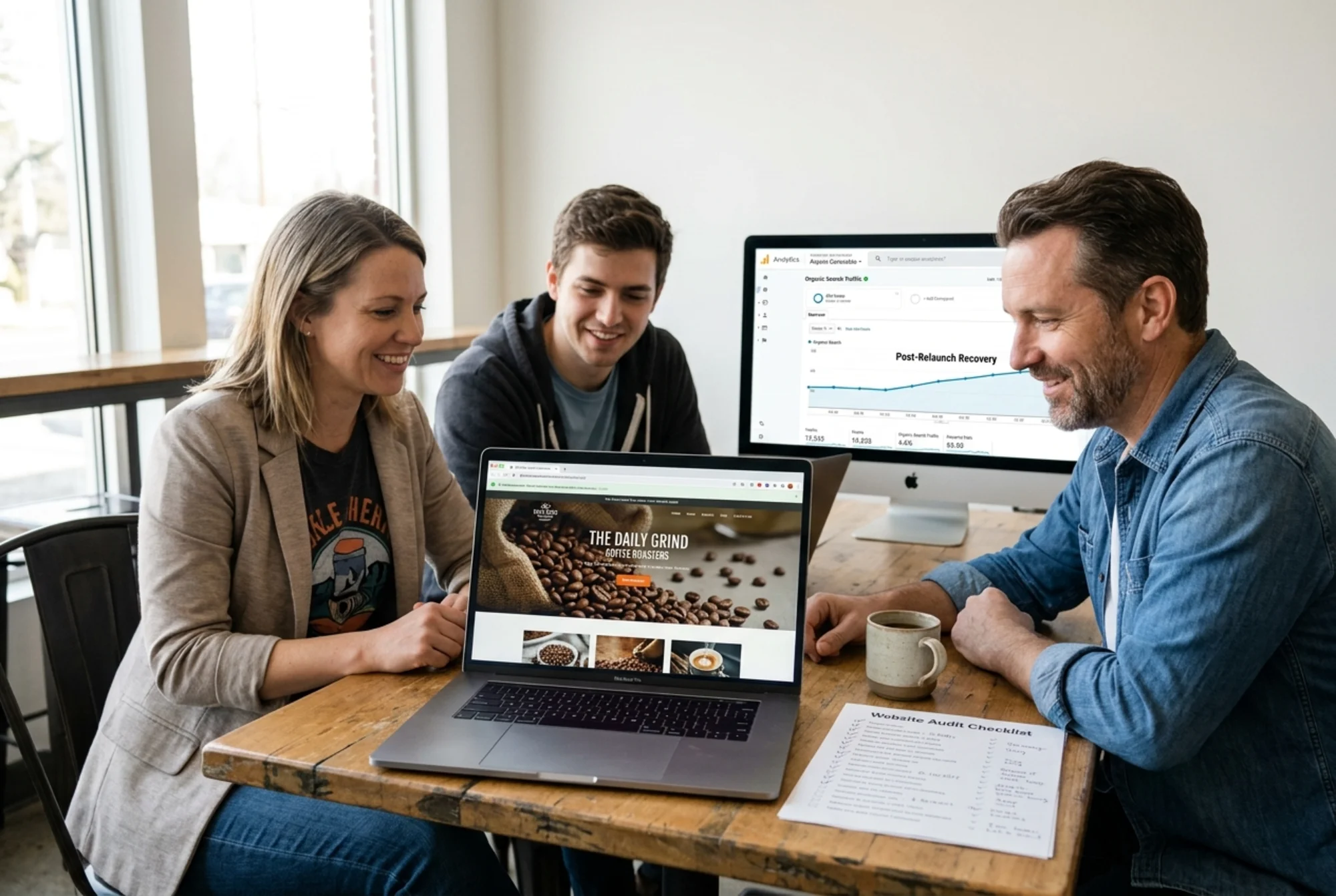 Photorealistic shot of a small team gathered around a laptop the morning after relaunch, the browser showing the new homepage with a green "all checks passed" Search Console notification and a steady, recovering organic traffic line on a second monitor in the background