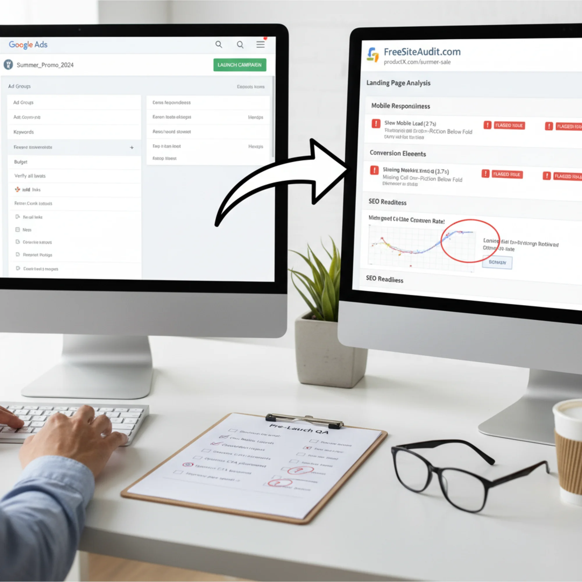A split-screen showing a Google Ads campaign setup interface on the left and a FreeSiteAudit landing page report with flagged issues on the right, connected by an arrow suggesting the audit-first workflow, with a printed checklist between them