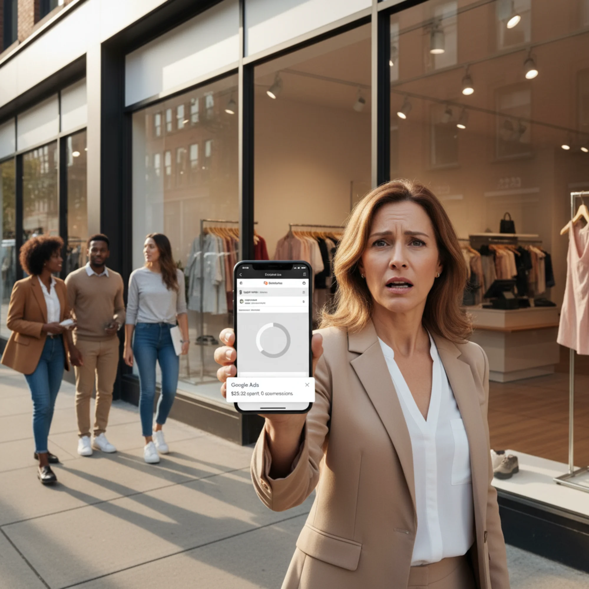 A frustrated business owner staring at their phone showing a half-loaded mobile landing page with a spinning loader and a Google Ads cost-per-click charge notification overlaid, while potential customers walk past their empty storefront