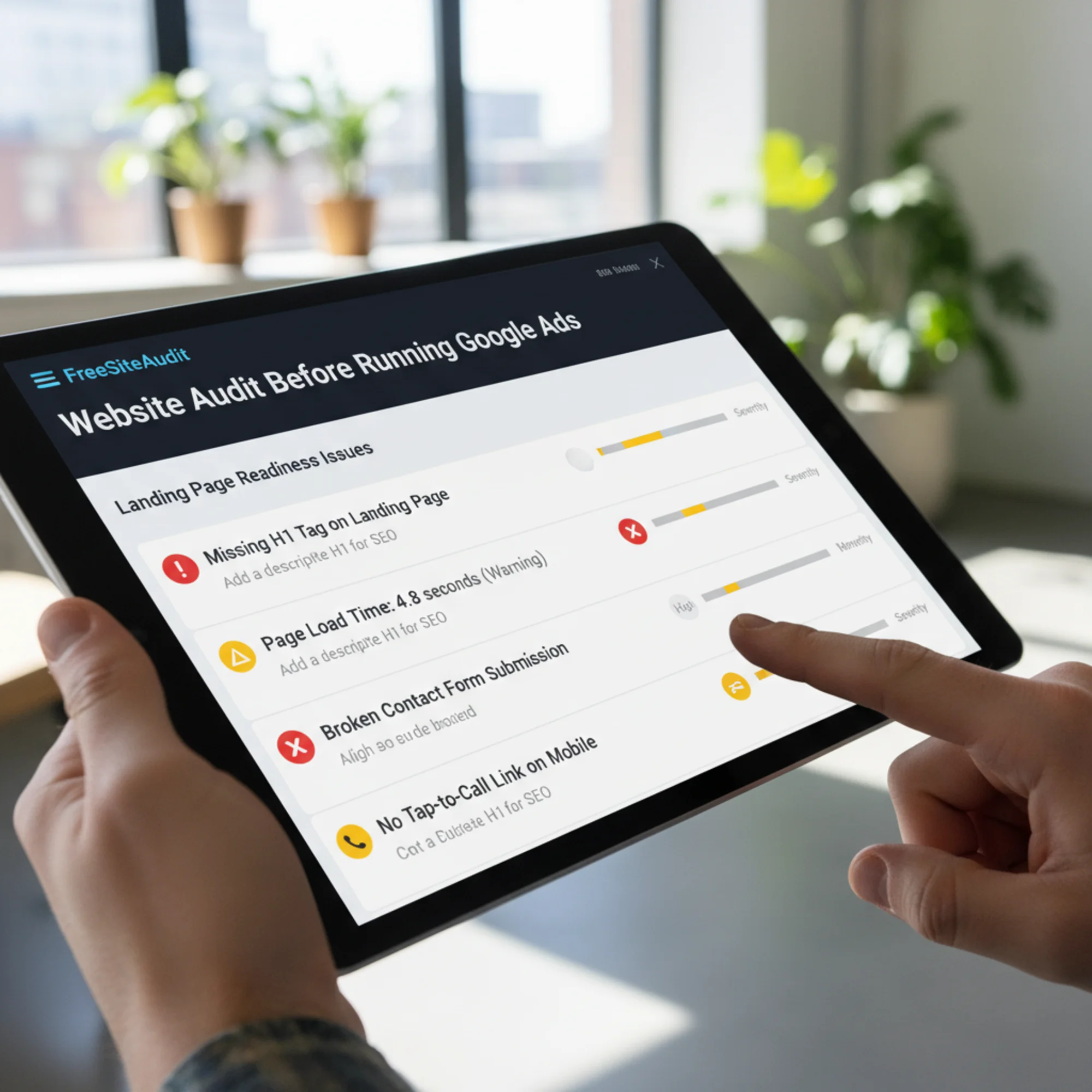 A FreeSiteAudit report screen highlighting specific landing page problems — missing H1 tag, 4.8-second load time warning, broken contact form, and no tap-to-call link — with red and yellow severity indicators next to each issue