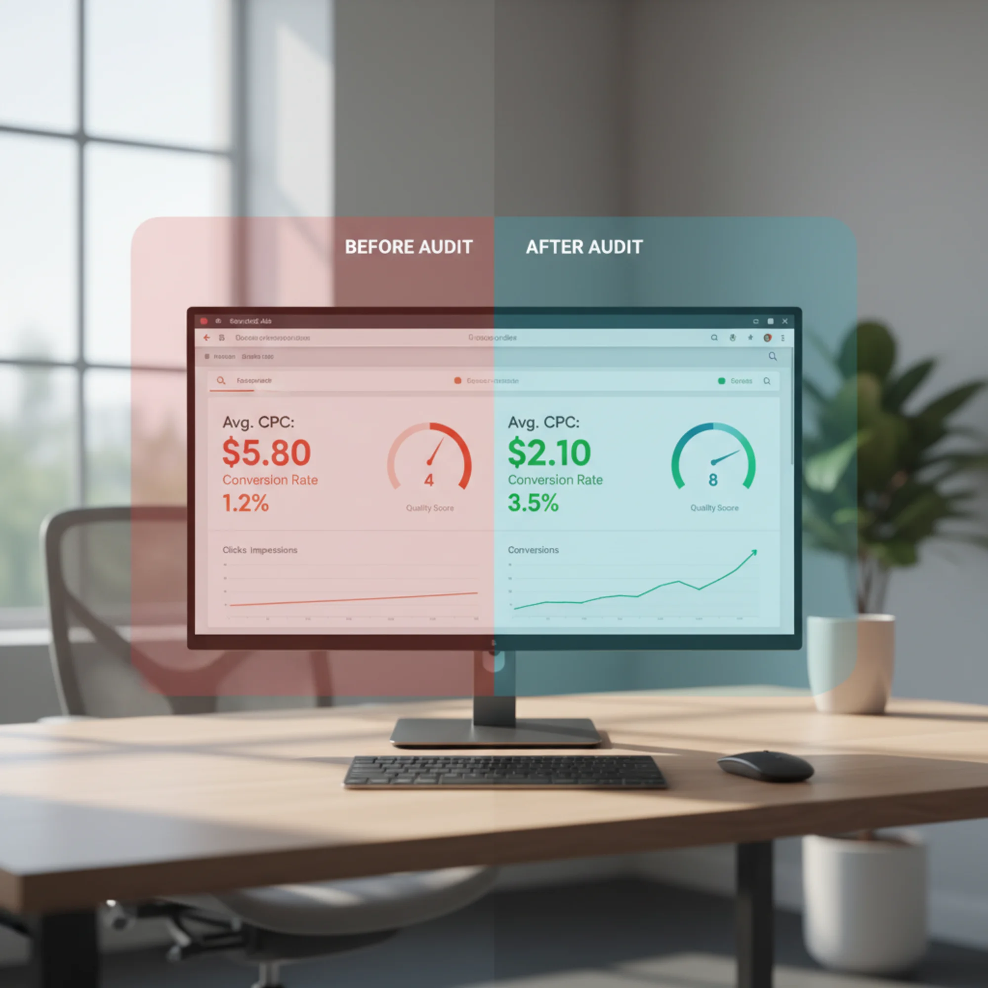 A before-and-after split of a Google Ads campaign dashboard showing high cost-per-click and 1% conversion rate on the left transforming into lower CPC and 3% conversions on the right, with a Quality Score jumping from 4 to 8
