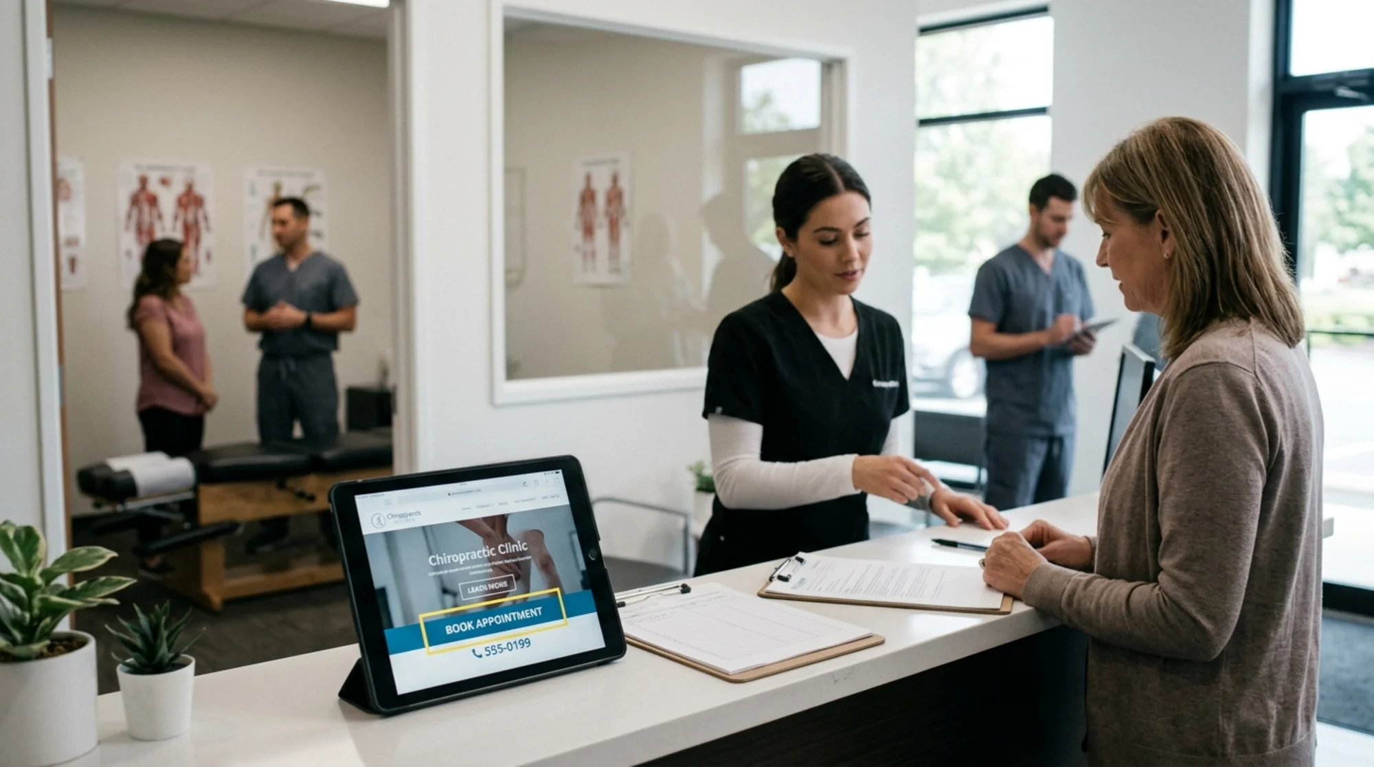 Bright modern chiropractic clinic reception with adjustment table visible in background, tablet on the front desk displaying a clinic homepage with a prominent "Book Appointment" button and tappable phone number